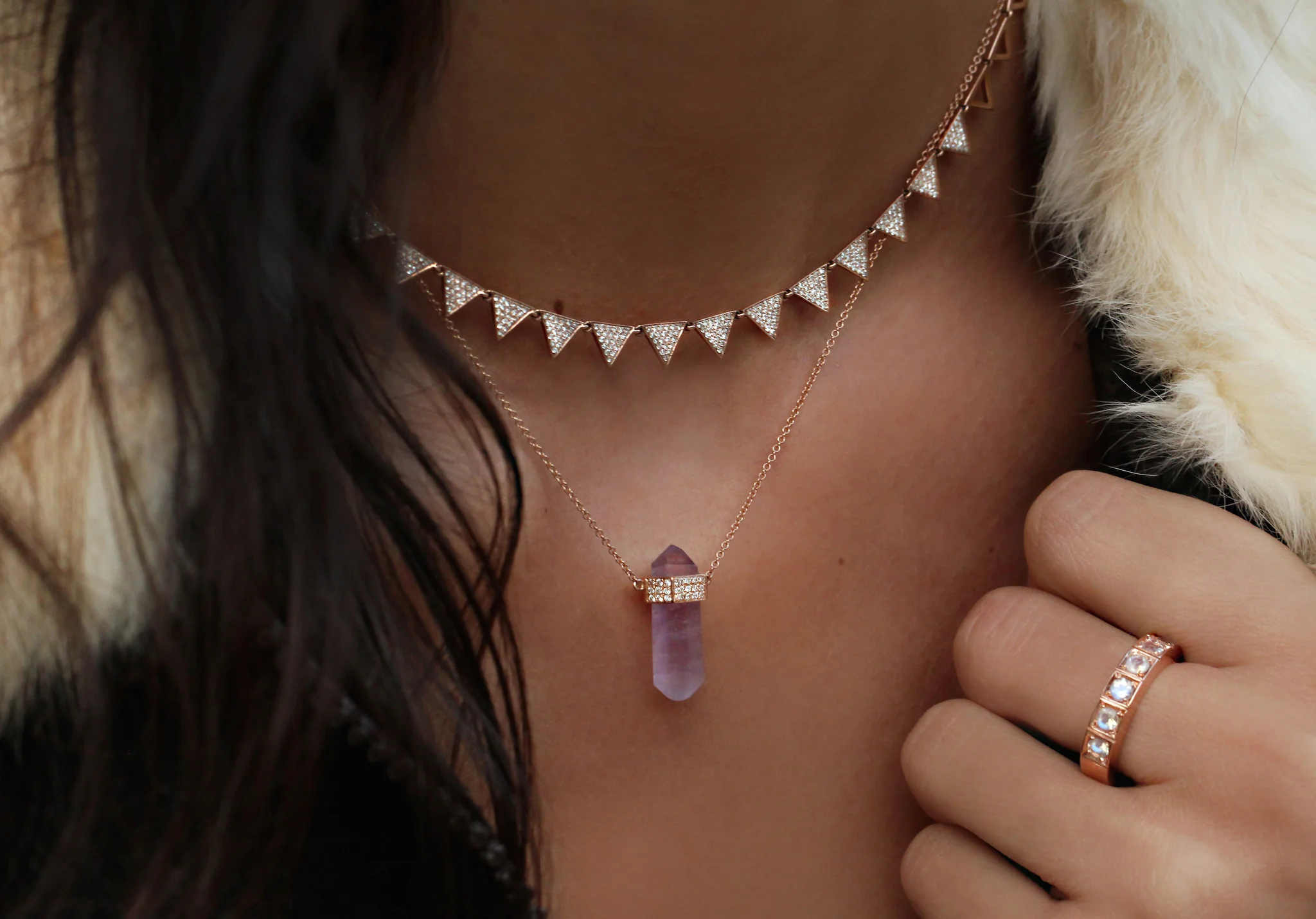 14kt gold and three diamond row amethyst crystal bar necklace - Image 3