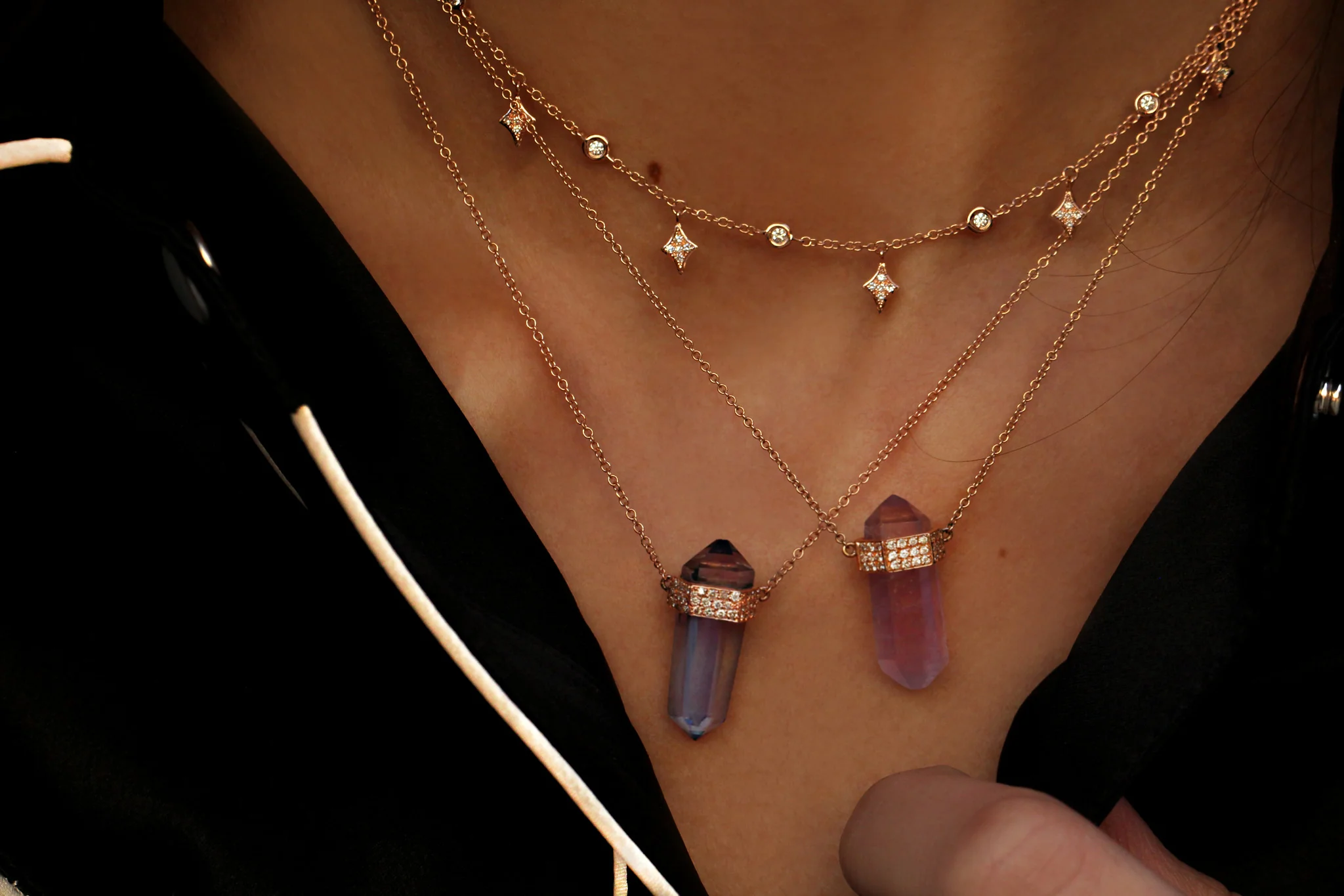 14kt gold and three diamond row aqua aura crystal bar necklace - Image 3
