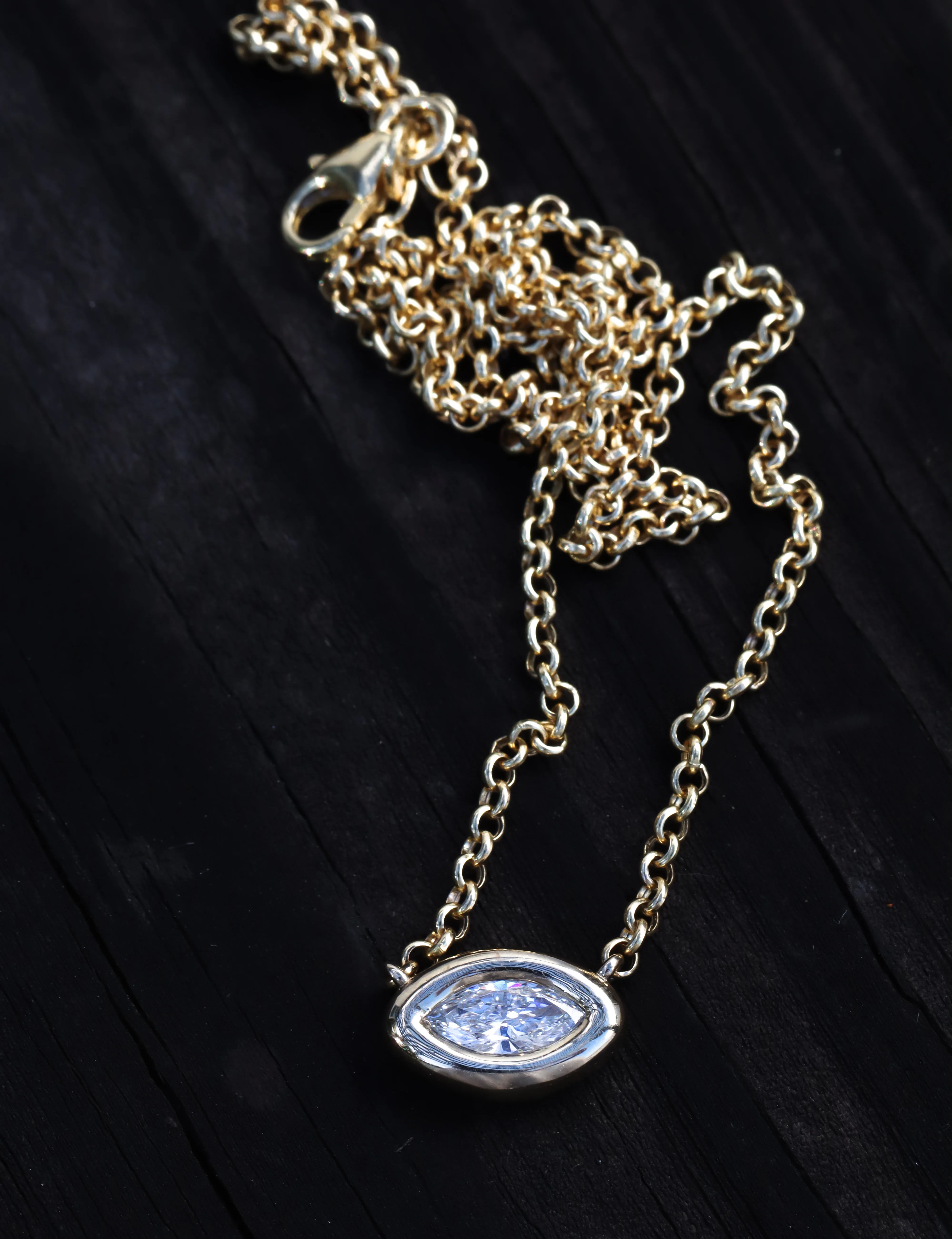 14kt gold baby marquise diamond puffed bezel necklace - Image 4