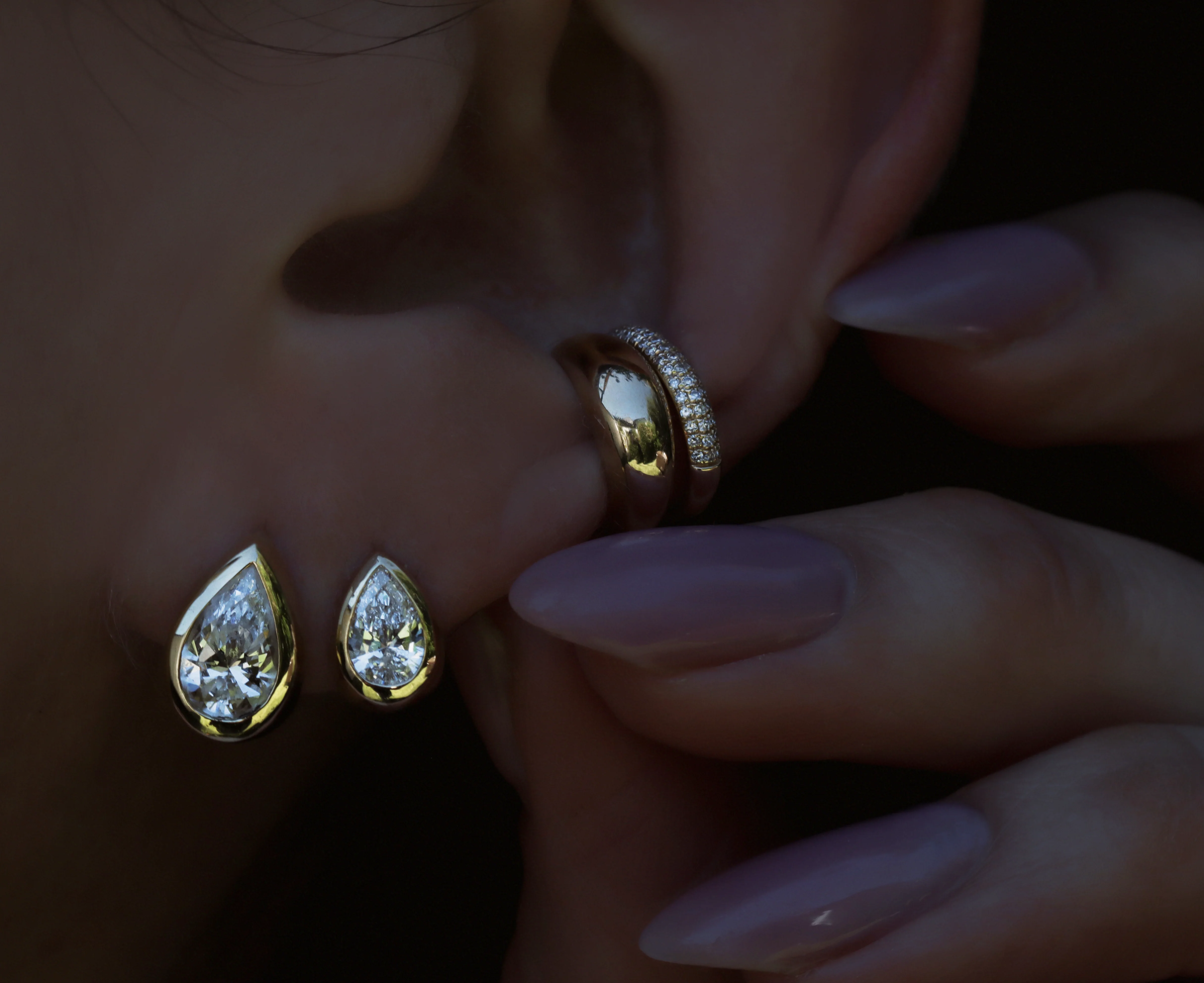 14kt gold baby teardrop diamond bezel hoop - Image 3
