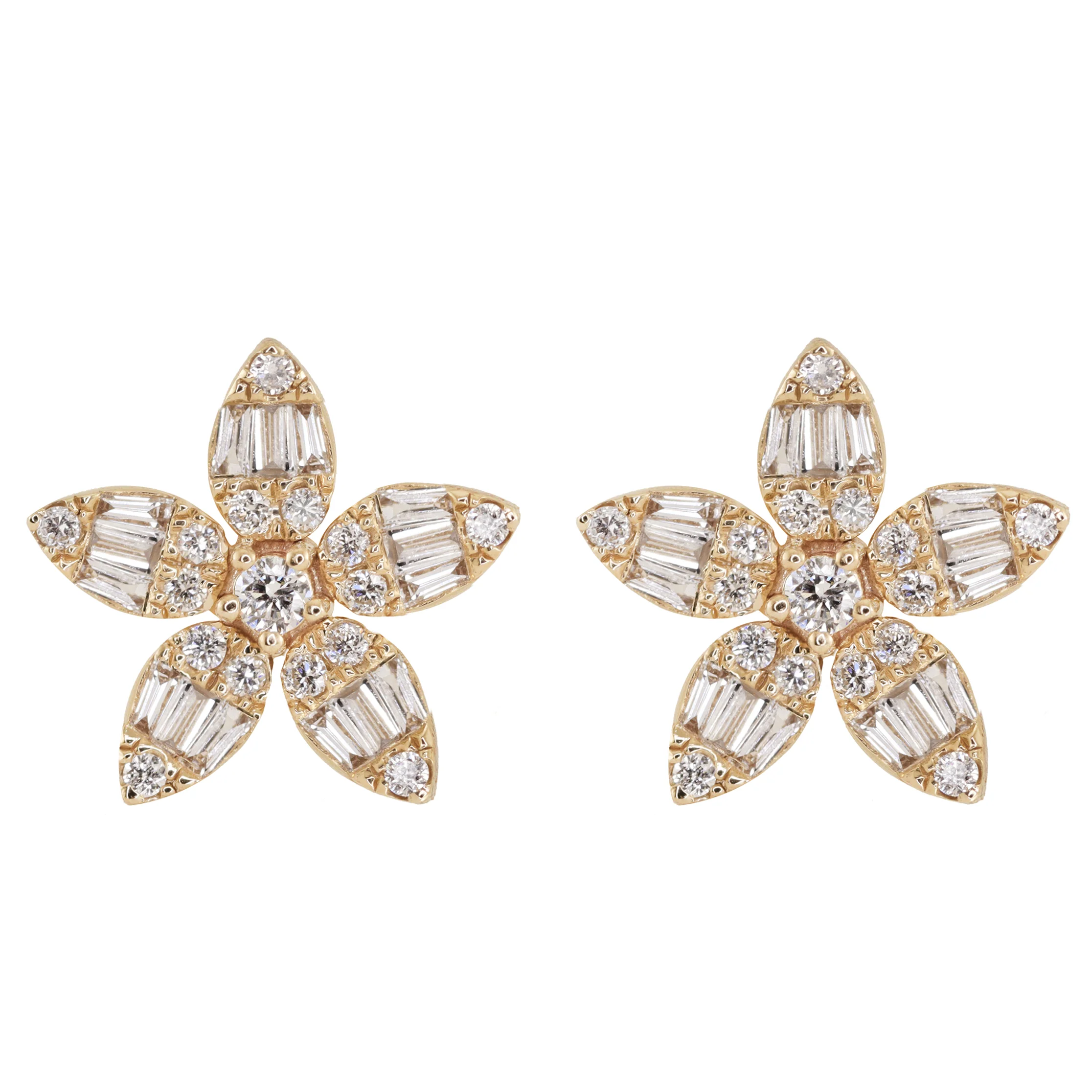 14kt gold baguette diamond blossom stud