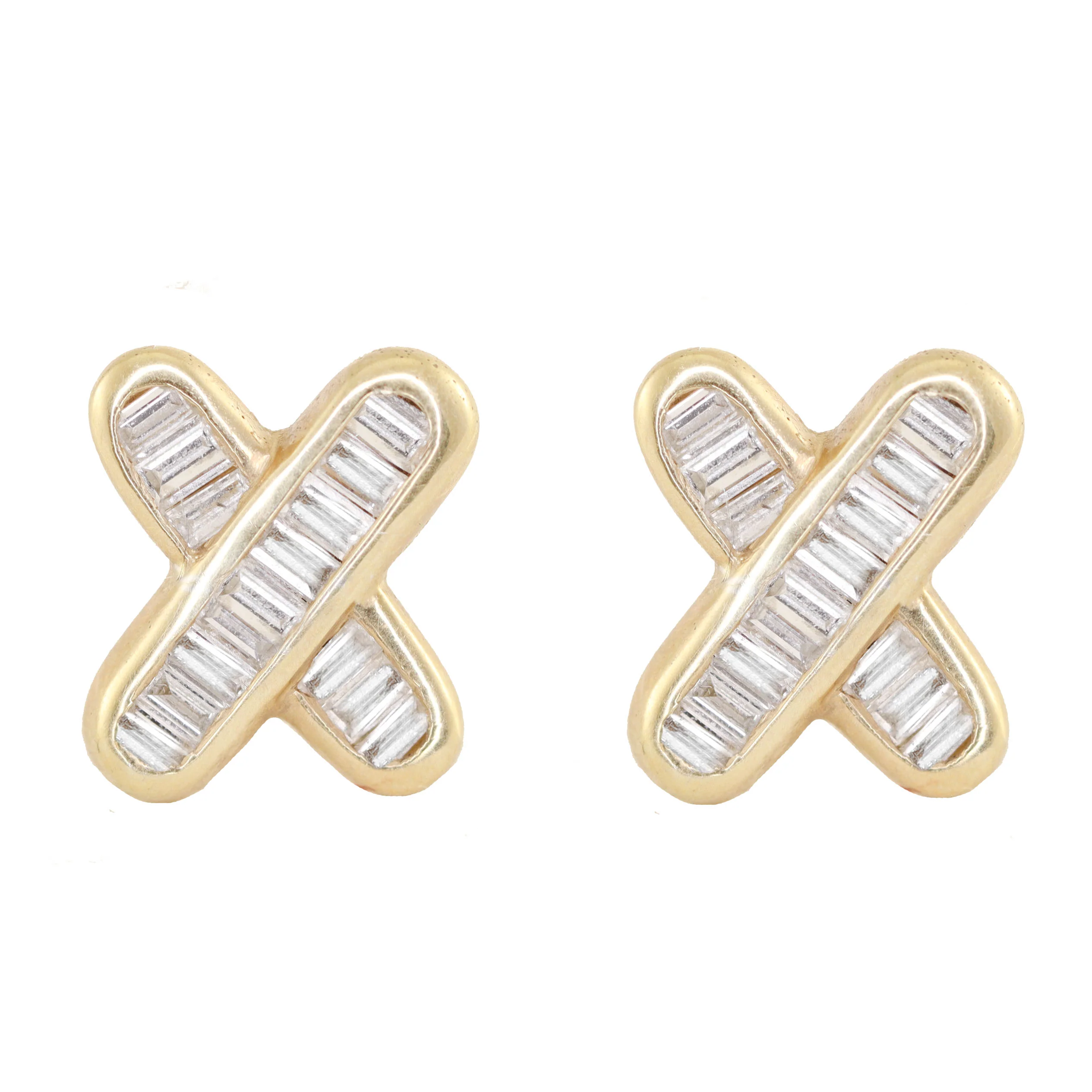 14kt gold baguette diamond x stud