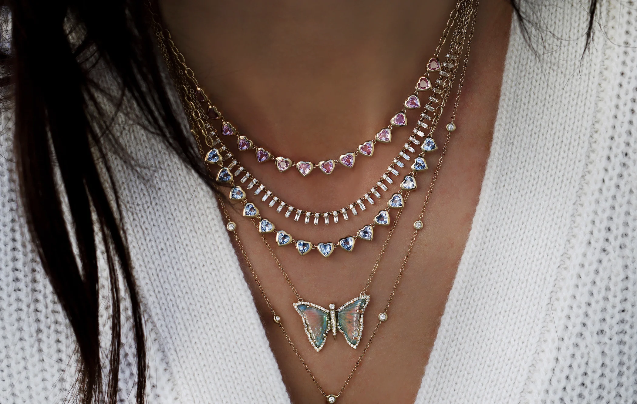 14kt gold blue sapphire heart bezel half tennis necklace - Image 3