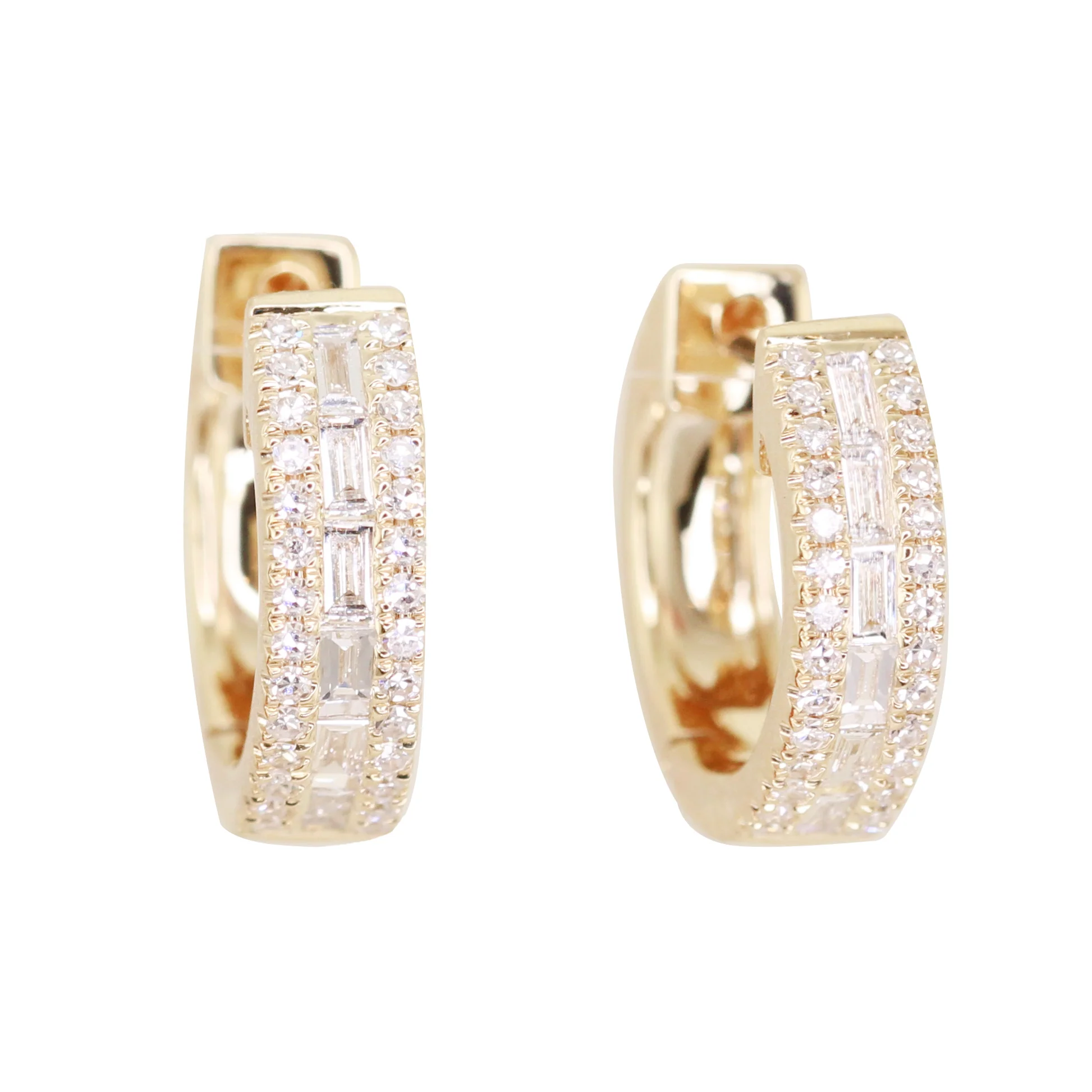 14kt gold channel baguette diamond hoops