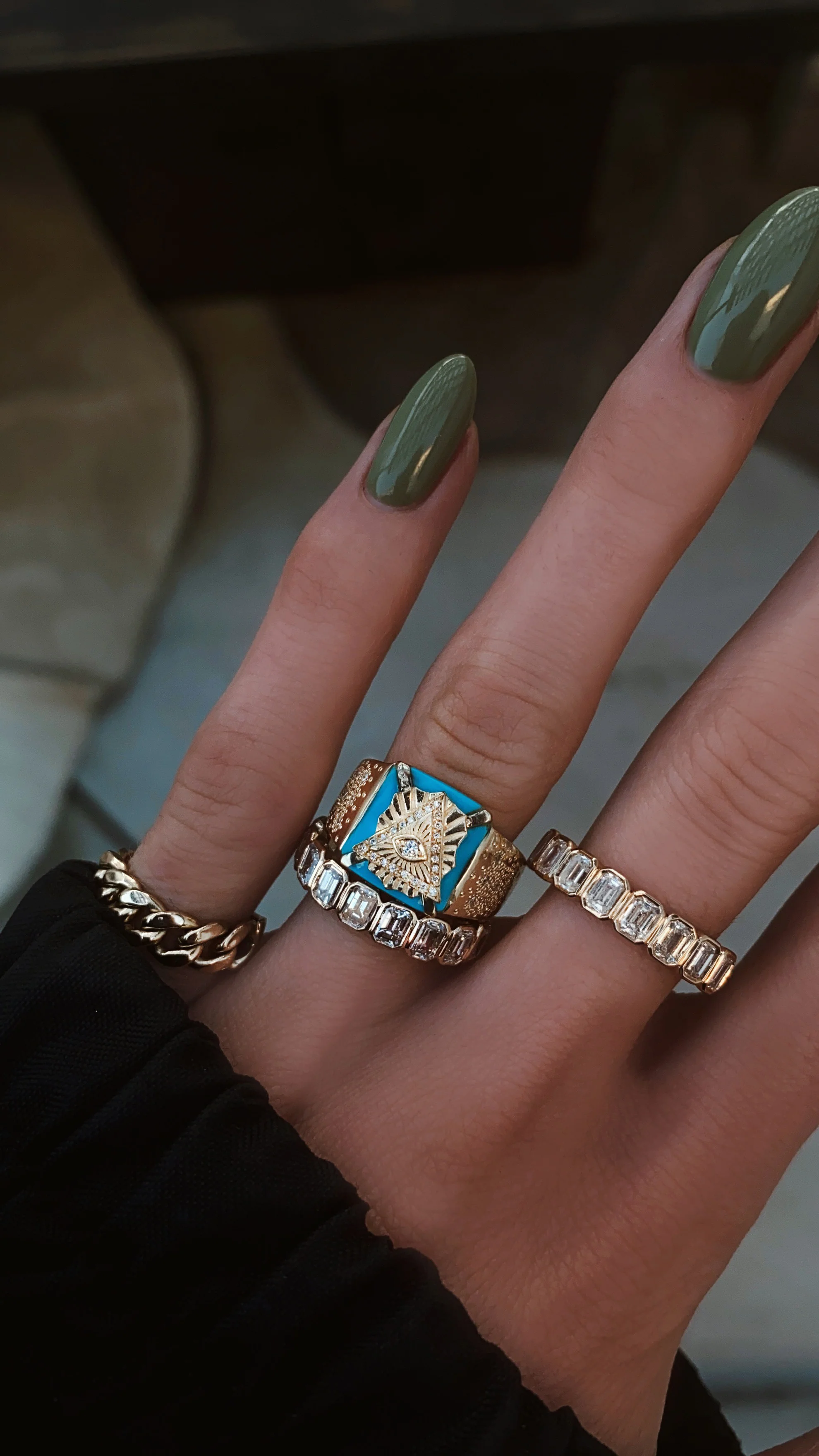 14kt gold diamond and turquoise pyramid eye ring - Image 3