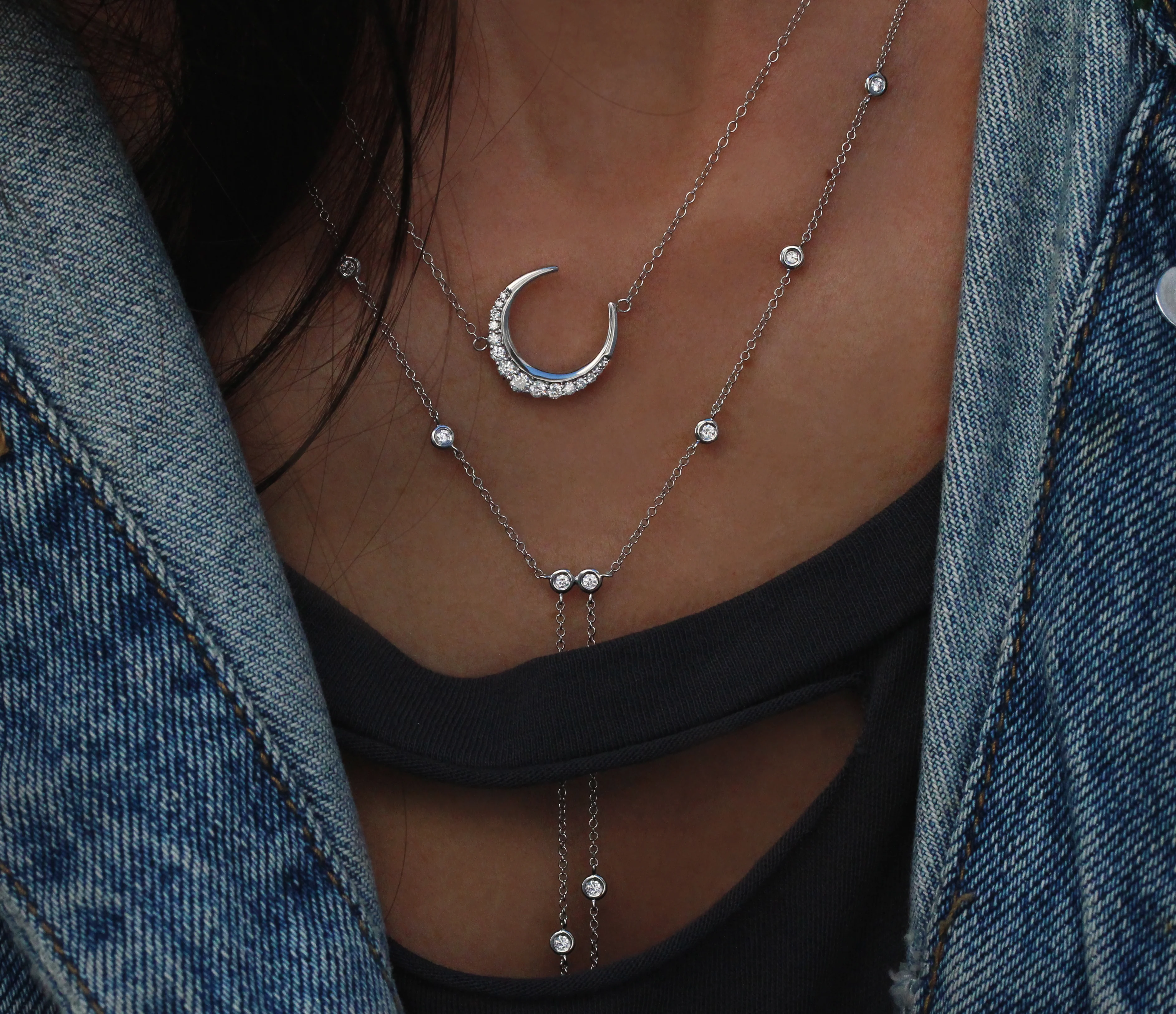 14kt gold diamond bezel two row lariat necklace - Image 2