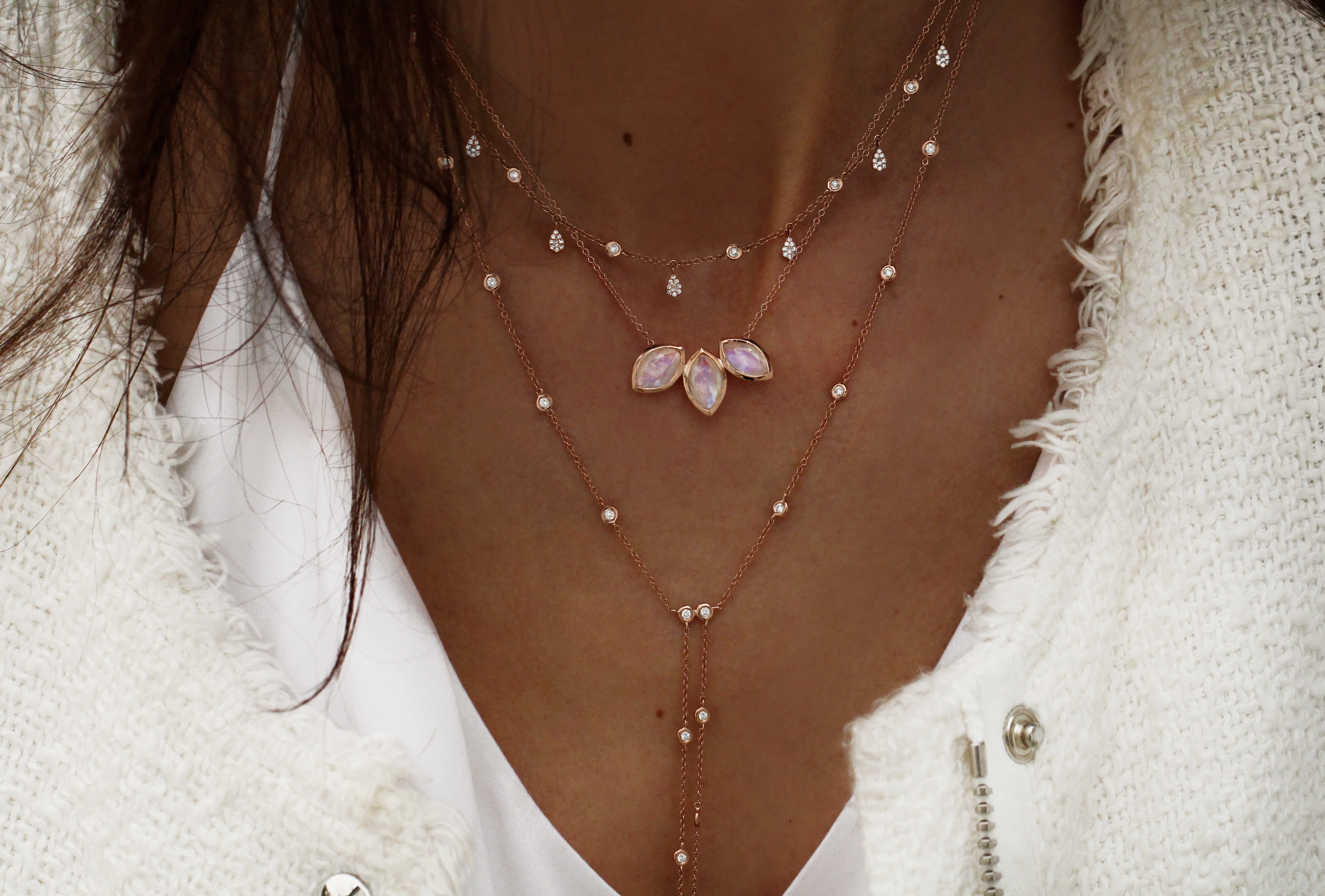 14kt gold diamond bezel two row lariat necklace - Image 4