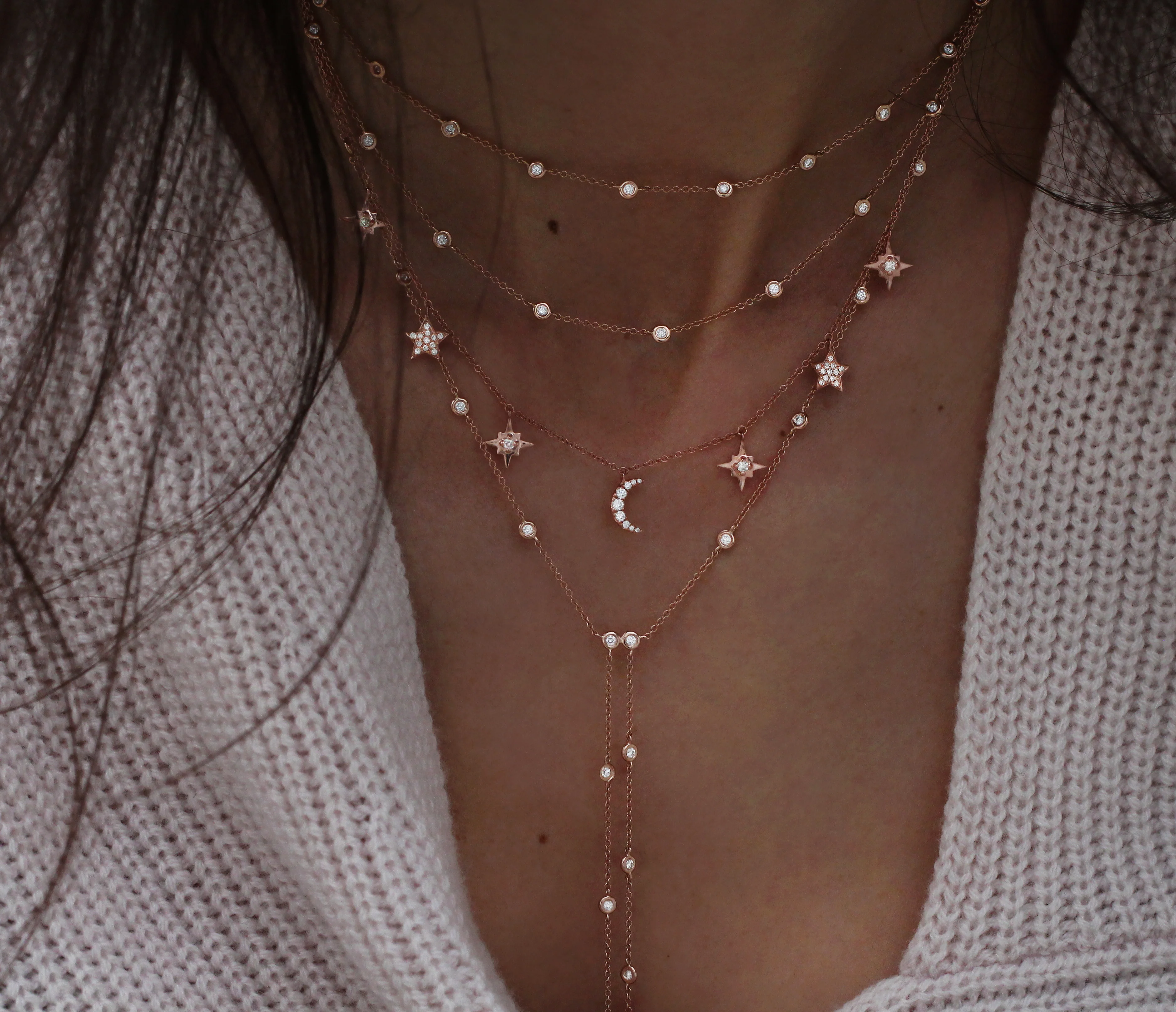 14kt gold diamond bezel two row lariat necklace - Image 5