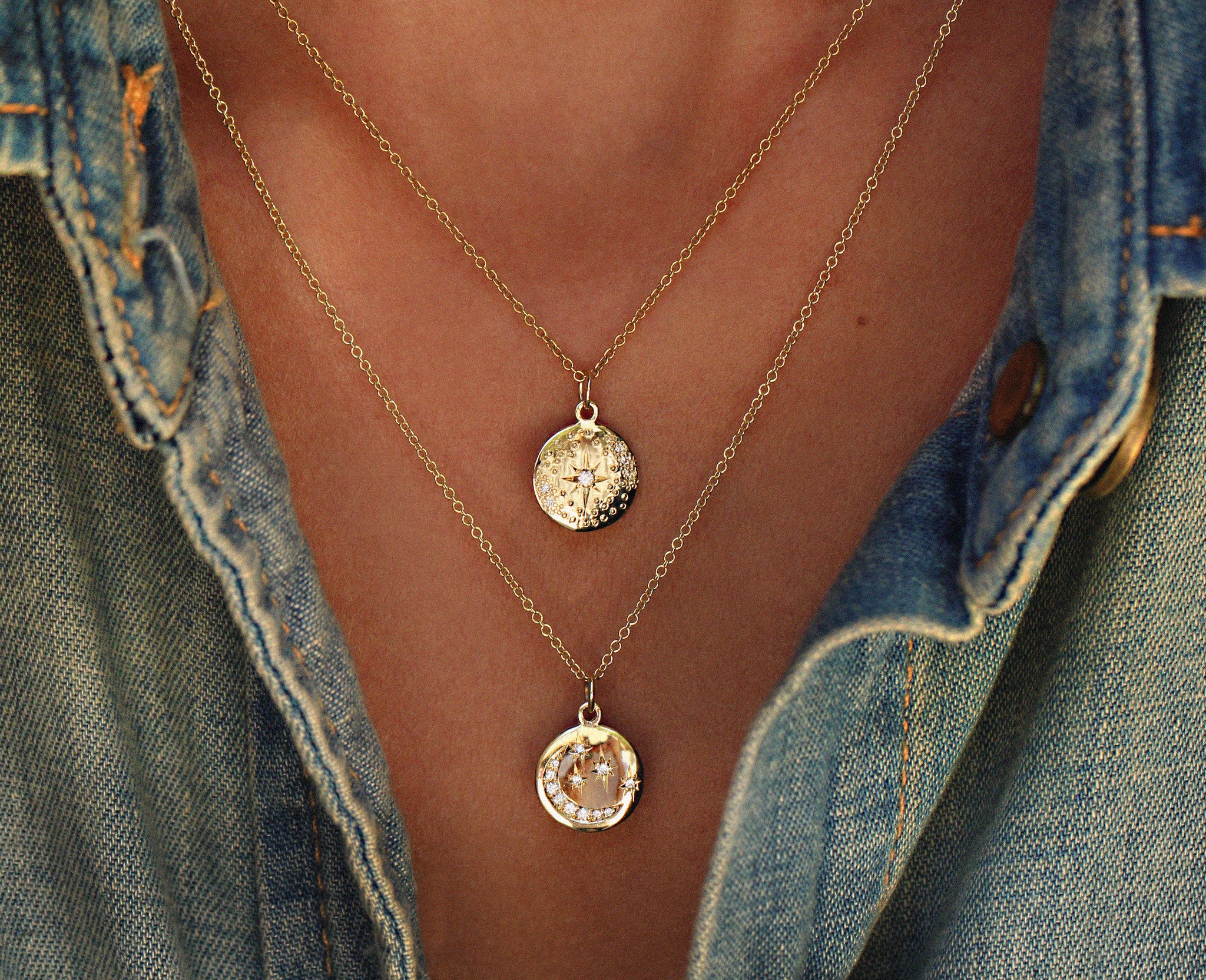 14kt gold diamond star and moon mini disk necklace - Image 3