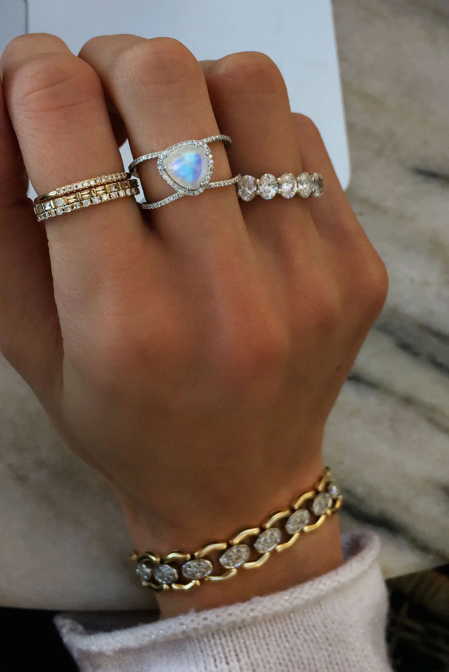 14kt gold and diamond Petite Triangle Double Band Moonstone ring - Image 3
