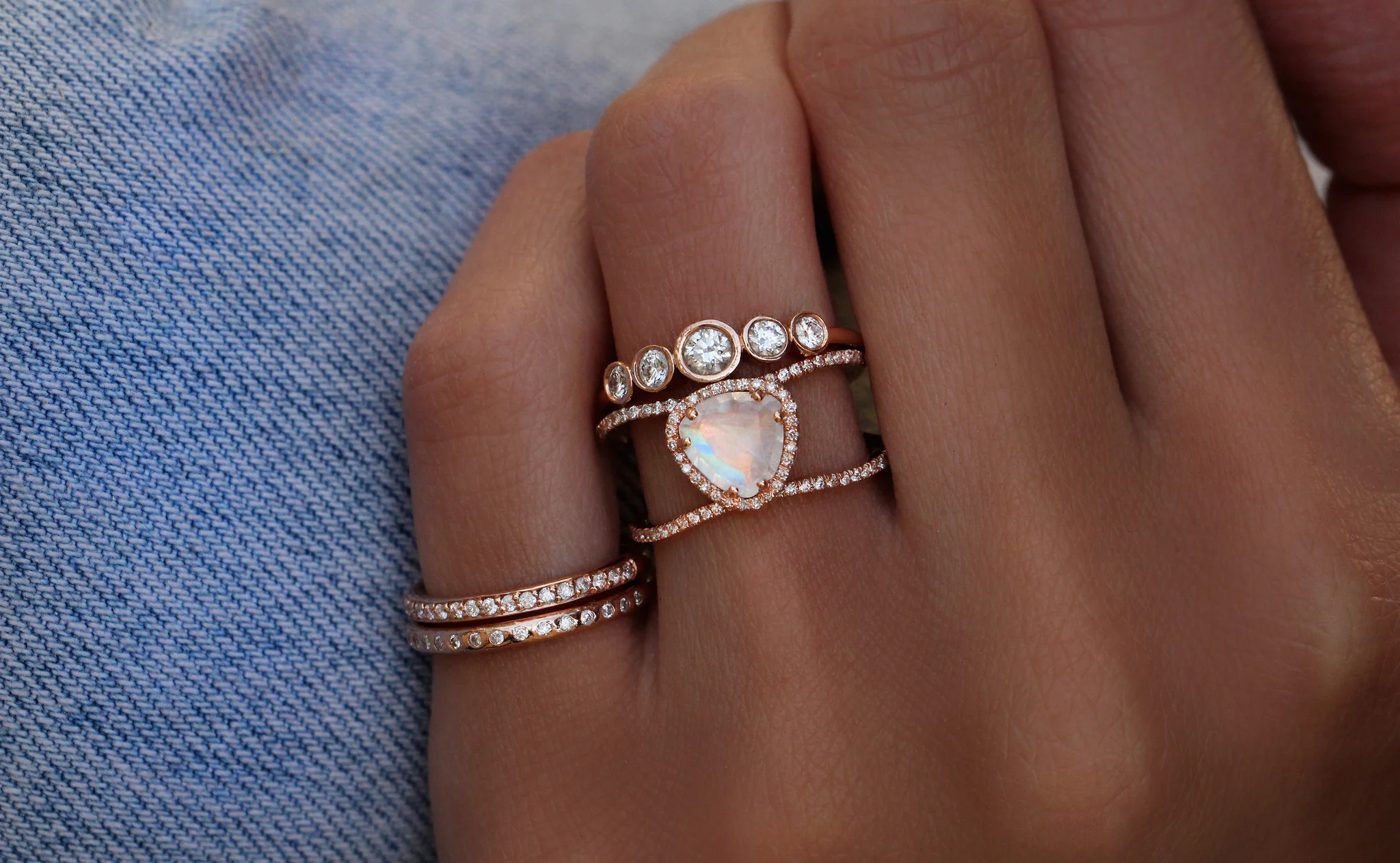 14kt gold and diamond Petite Triangle Double Band Moonstone ring - Image 4