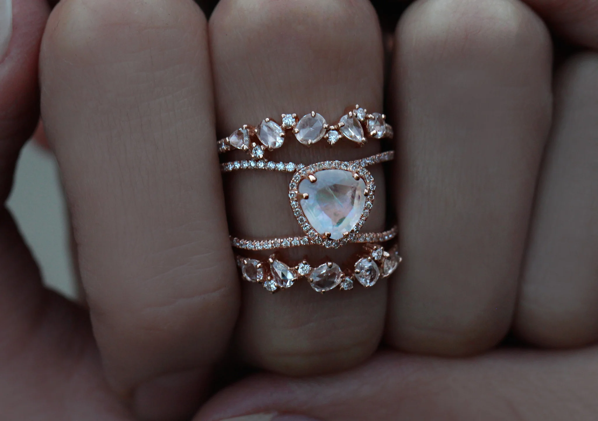 14kt gold and diamond Petite Triangle Double Band Moonstone ring - Image 5