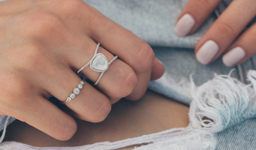 14kt gold and diamond Petite Triangle Double Band Moonstone ring - Image 6