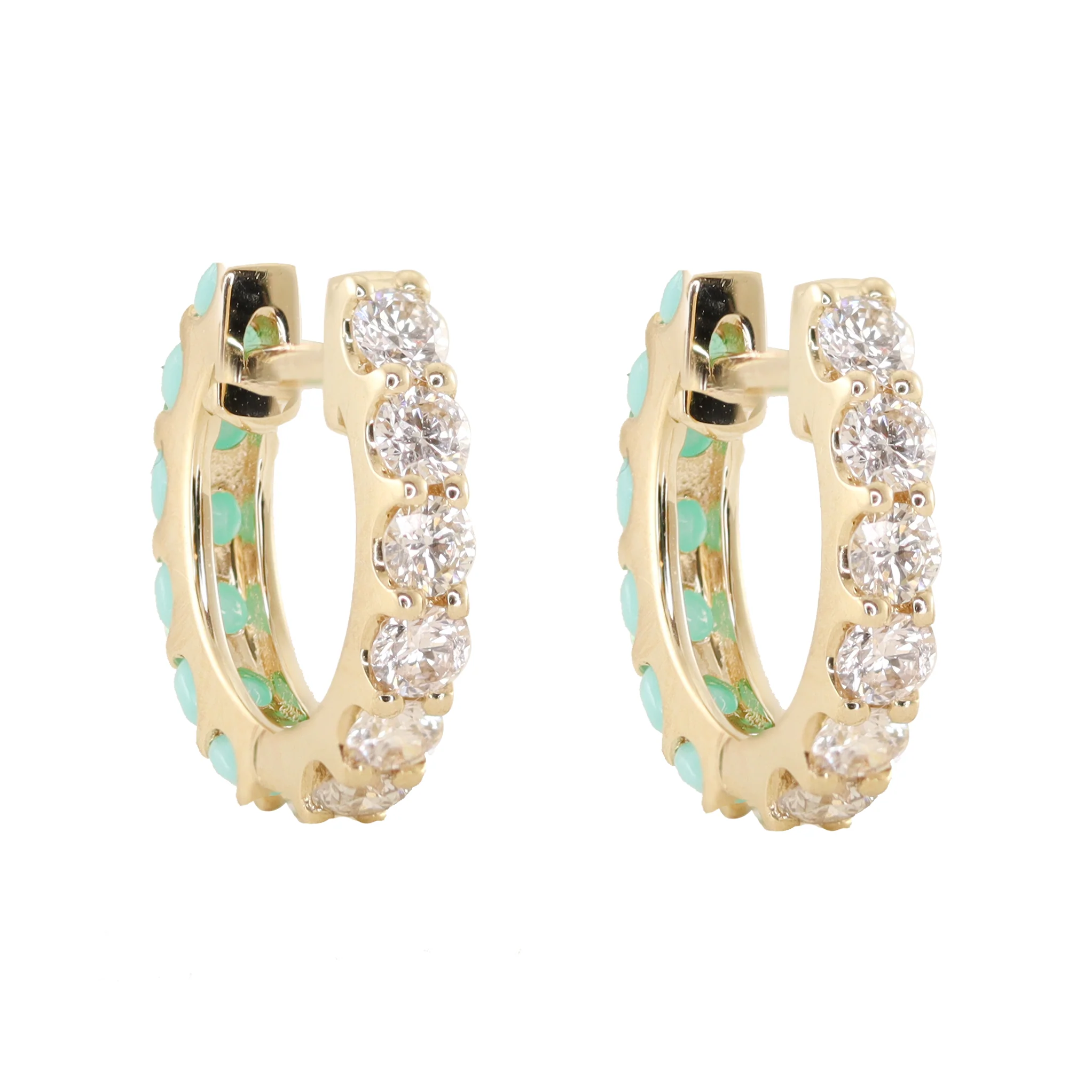 14kt gold double sided diamond turquoise hoop - Image 3