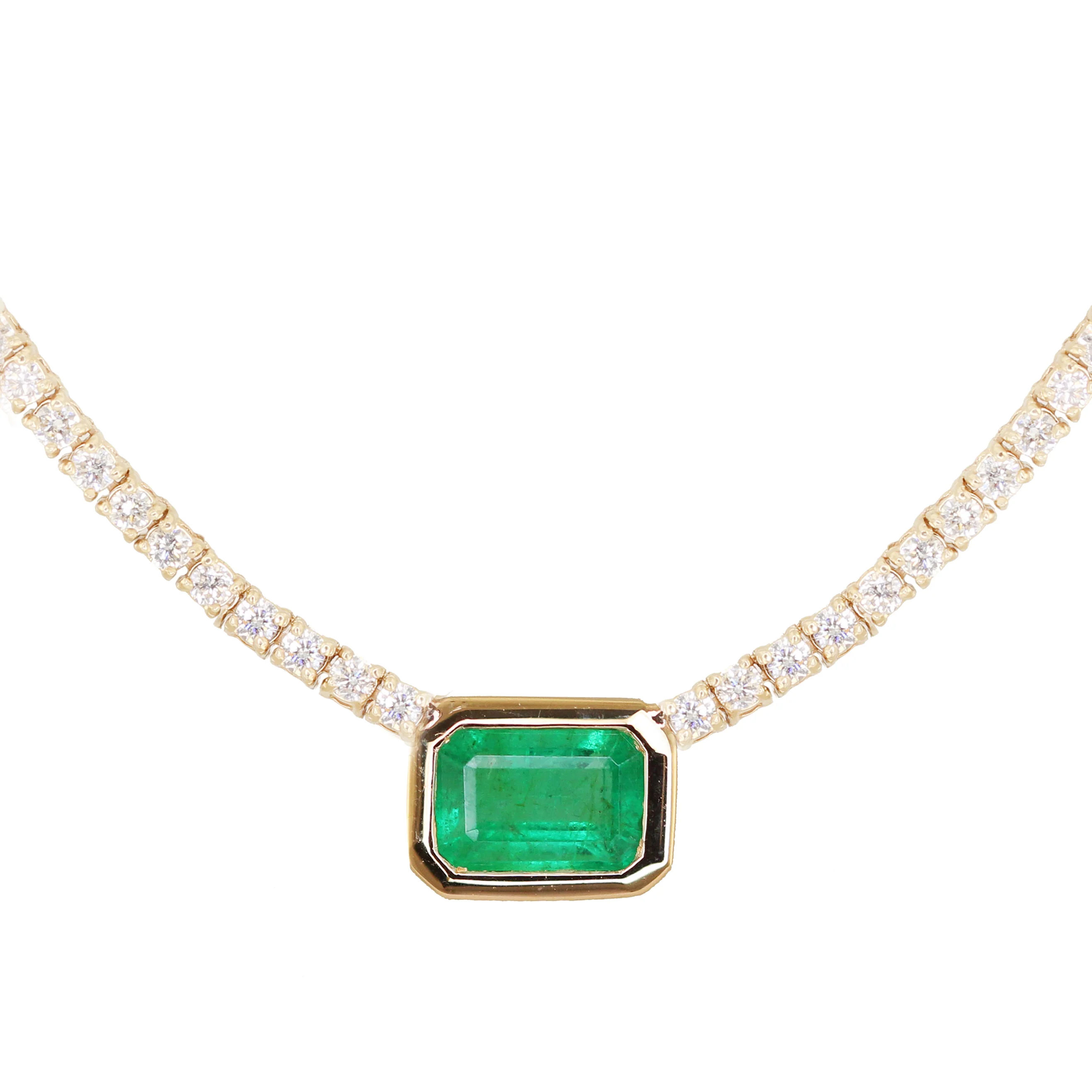 14kt gold emerald bezel diamond classic tennis necklace