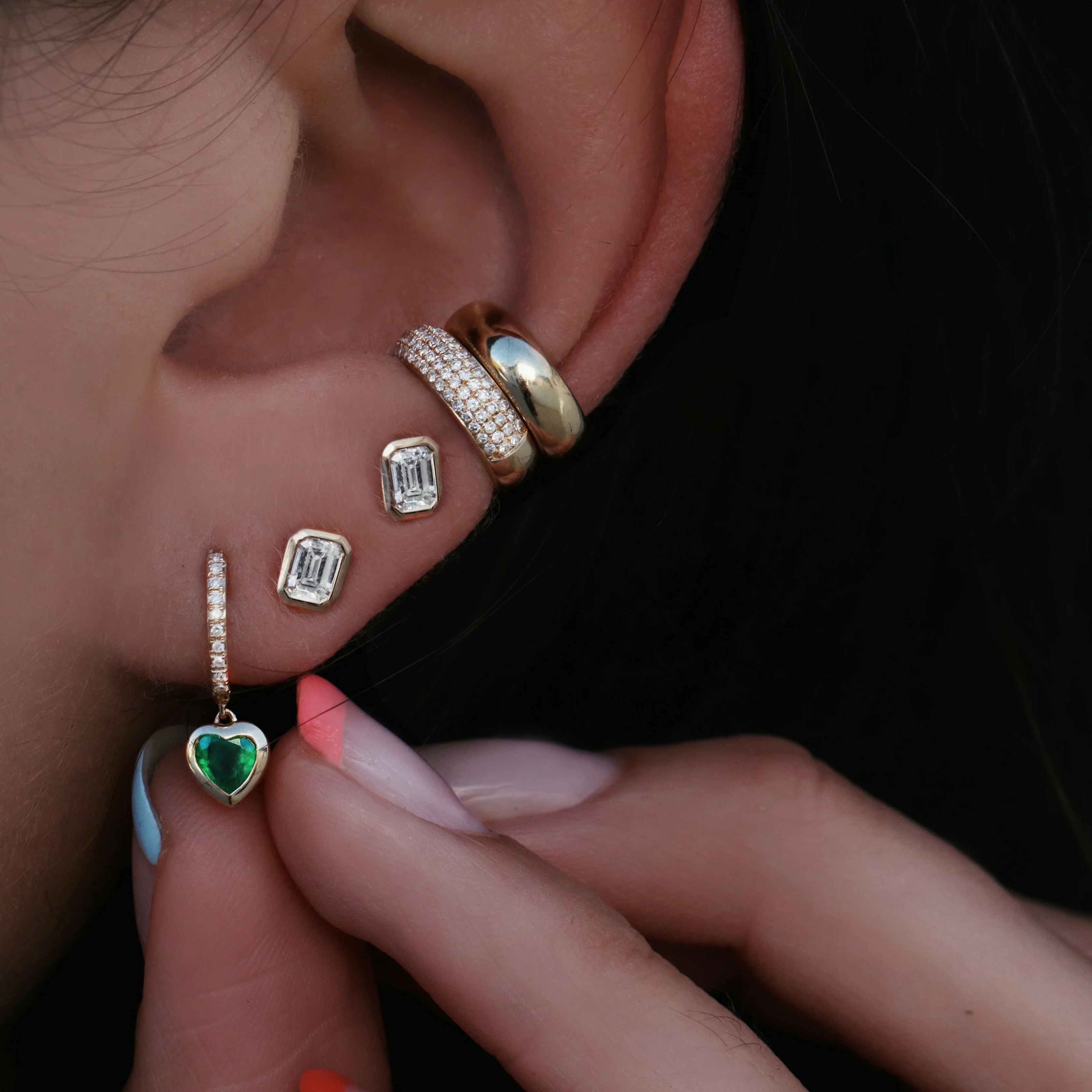 14kt gold emerald cut diamond mini bezel studs - Image 2