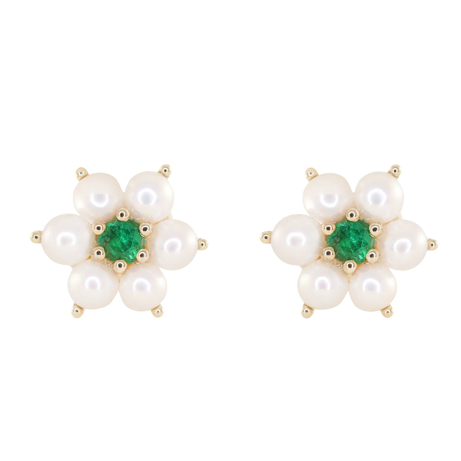 14kt gold emerald pearl flower stud
