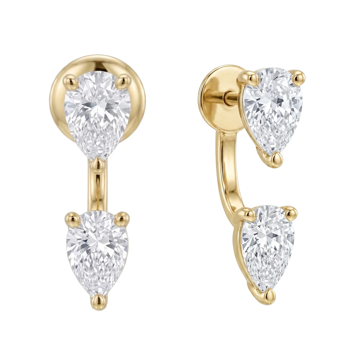 14kt gold floating two pear diamond stud