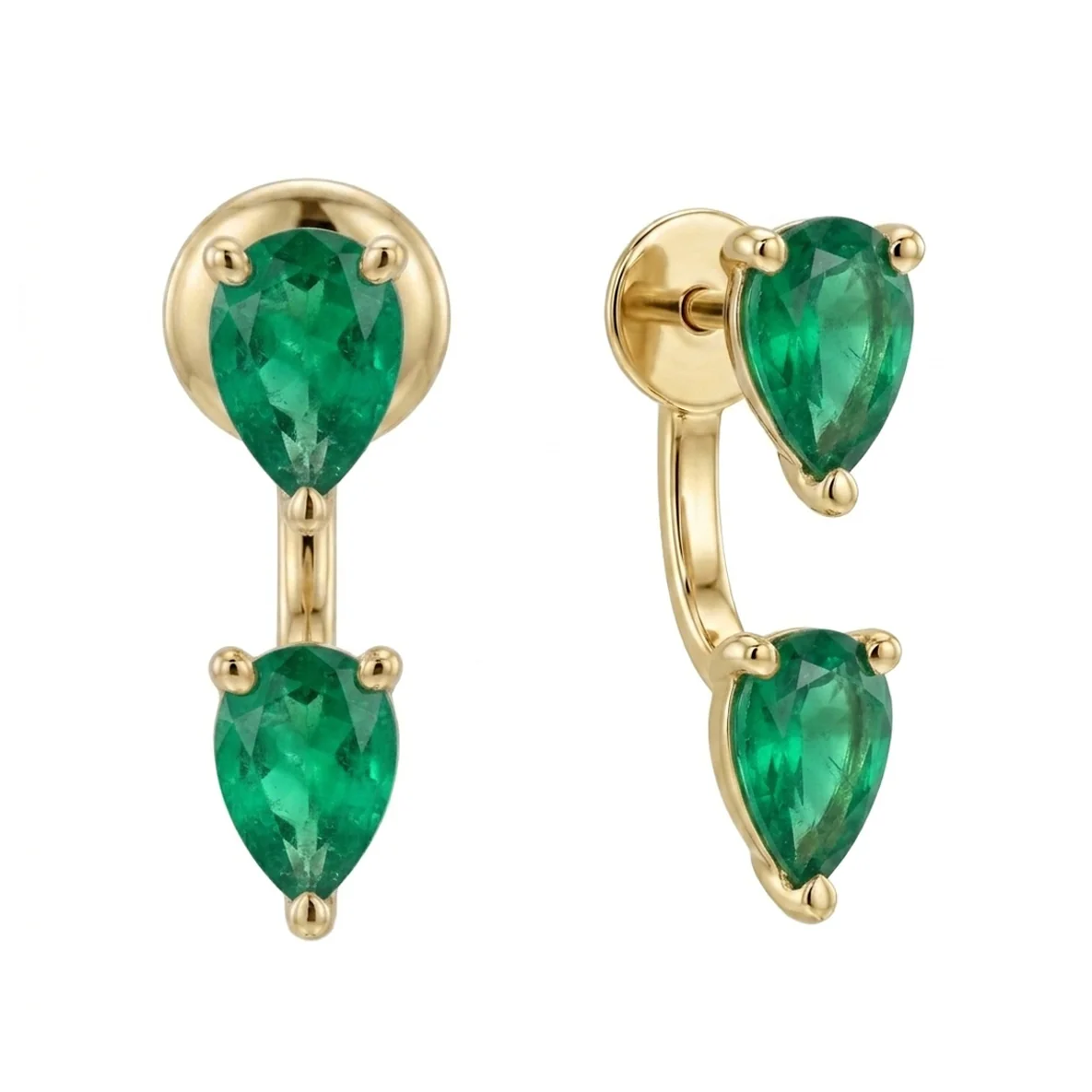 14kt gold floating two pear emerald stud
