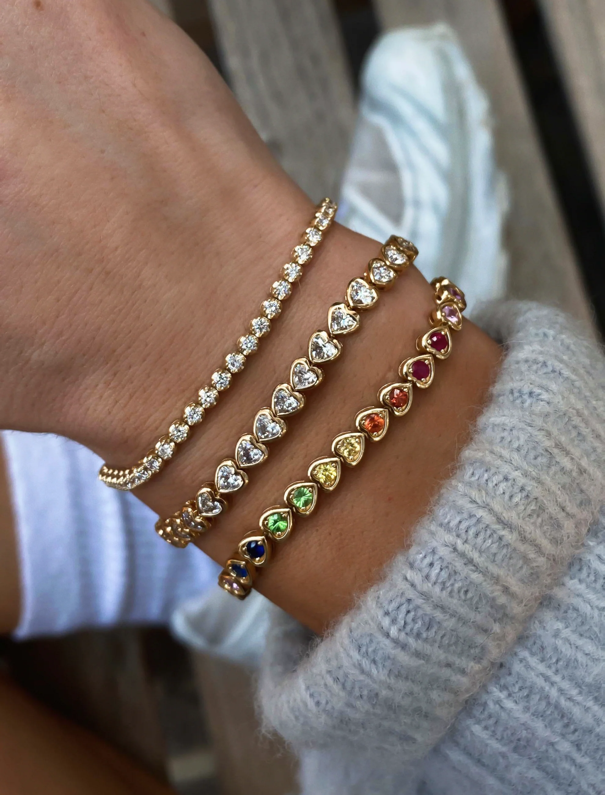 14kt gold rainbow sapphire heart bezel tennis bracelet - Image 2