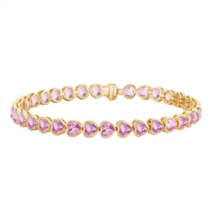 14kt gold heart pink sapphire bezel tennis bracelet