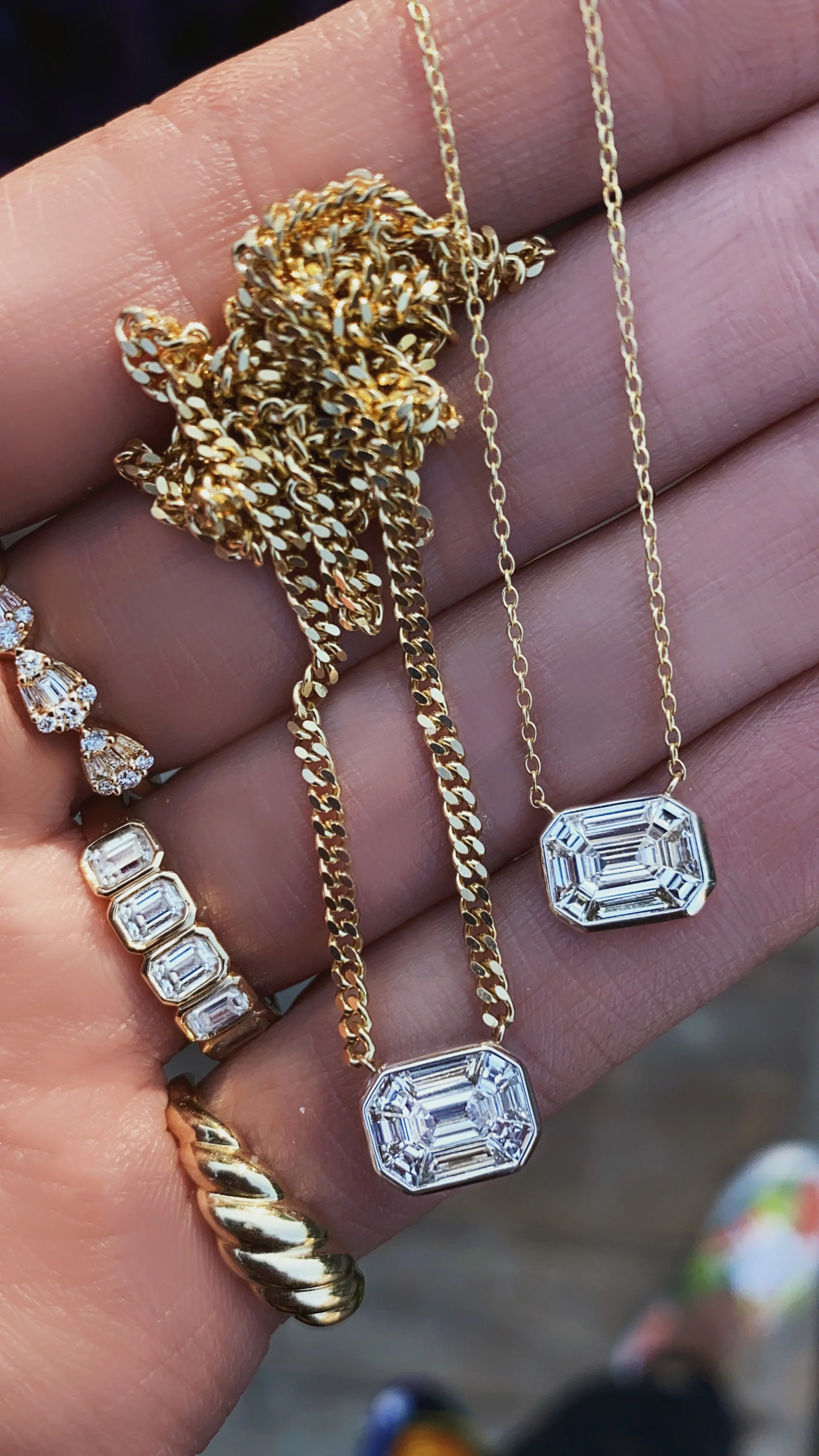 14kt gold illusion emerald cut diamond bezel necklace - Image 2