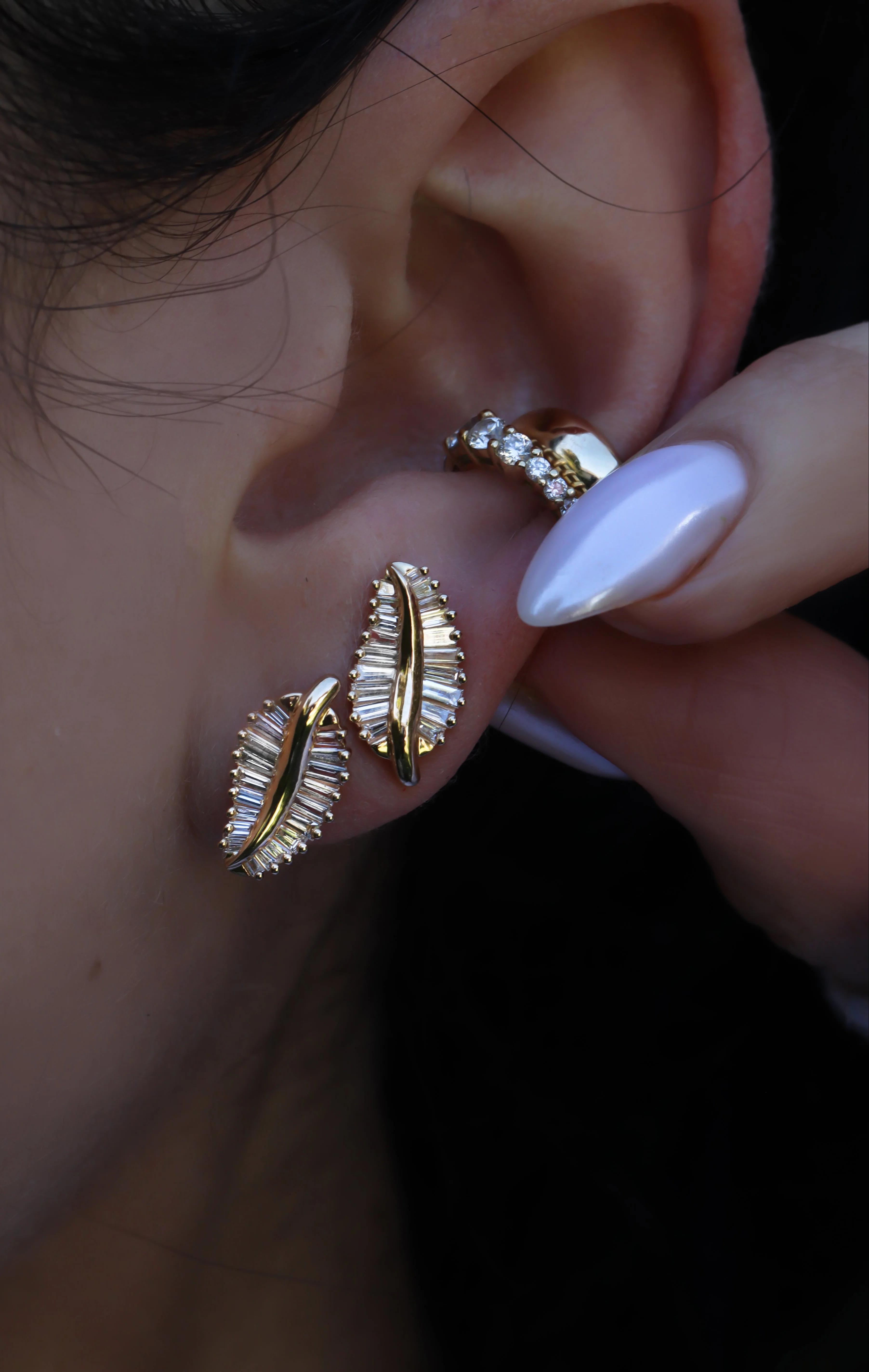 14kt gold large baguette diamond leaf studs - Image 2