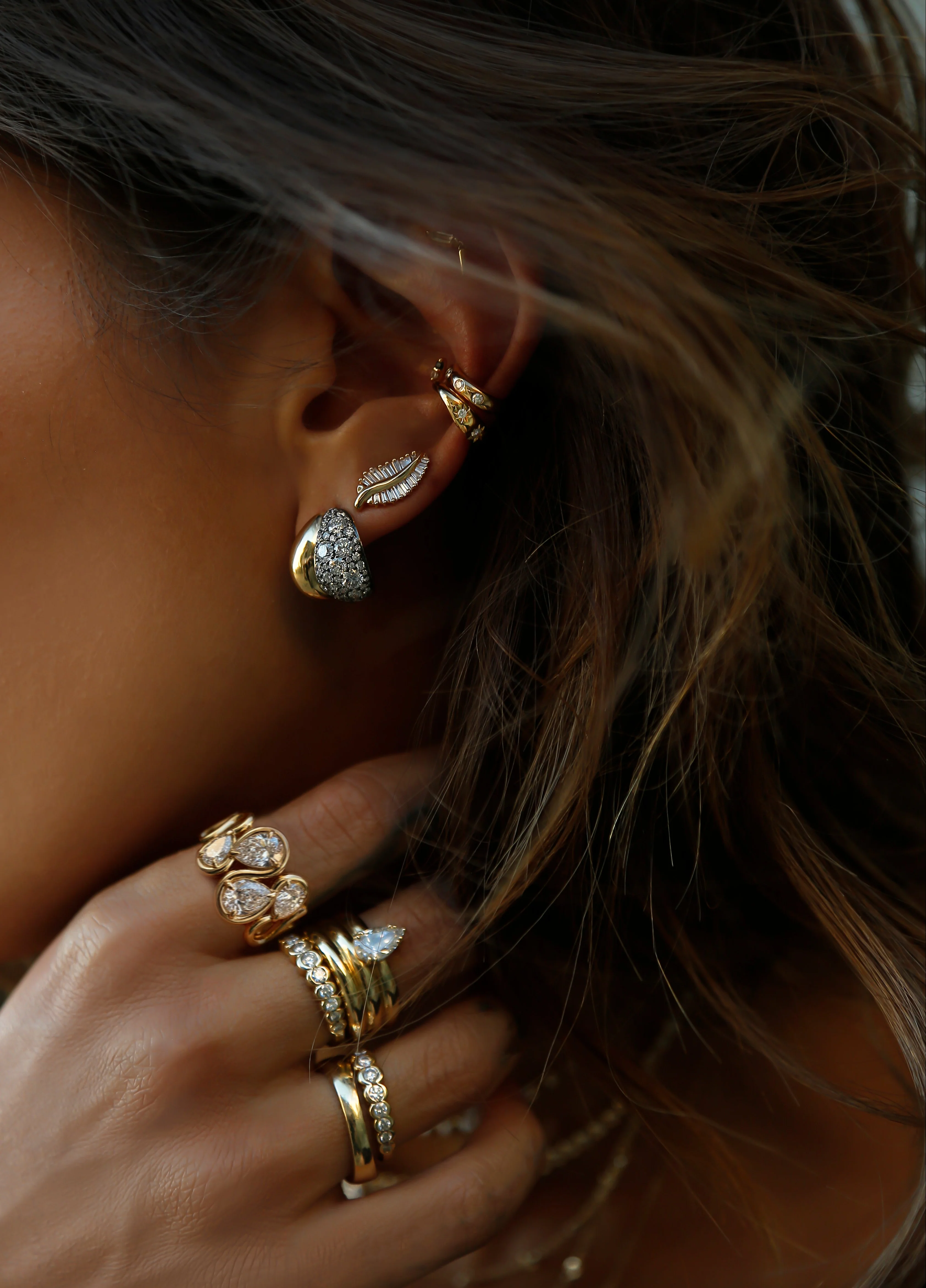 14kt gold large baguette diamond leaf studs - Image 3