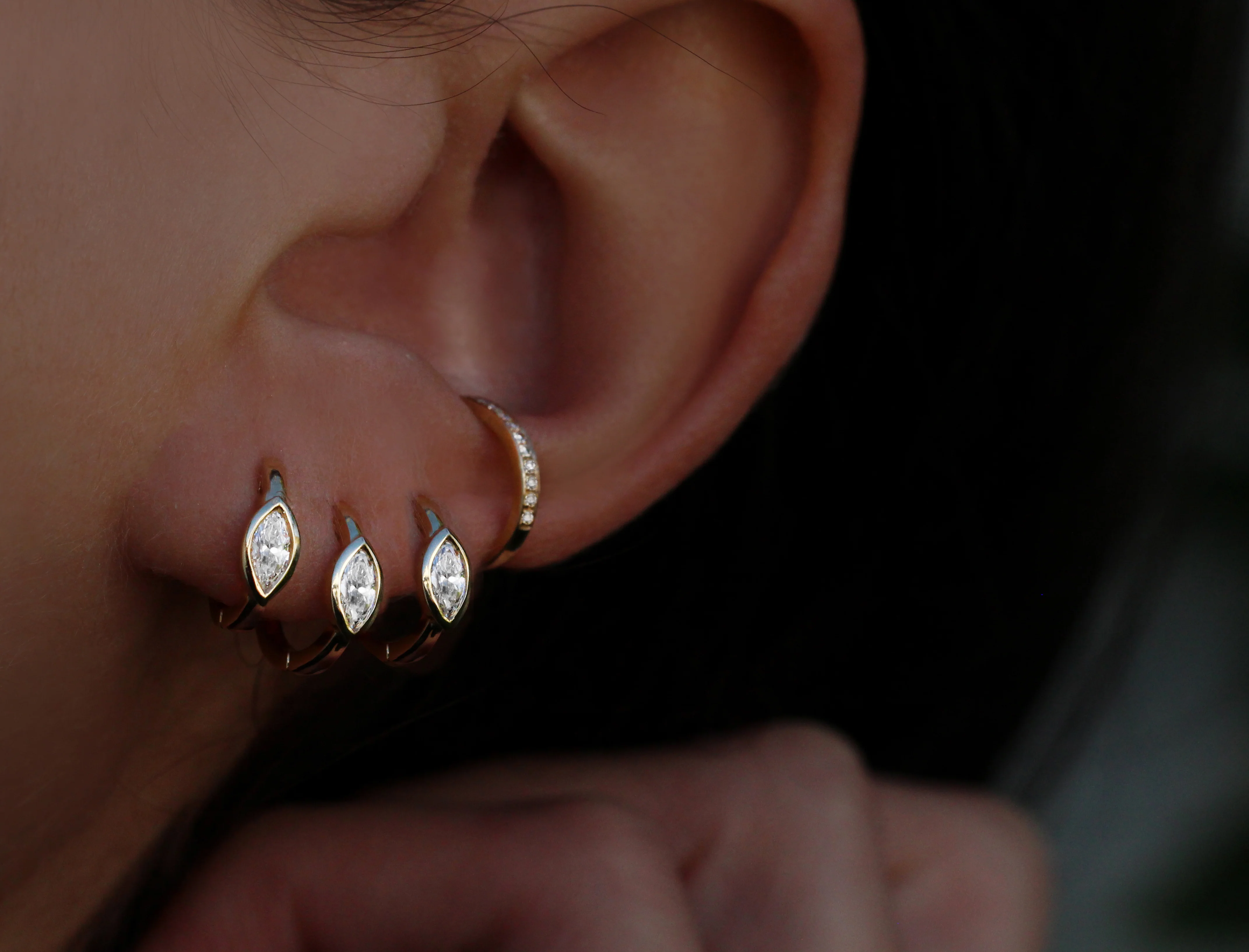 14kt gold marquise diamond bezel hoops - Image 2