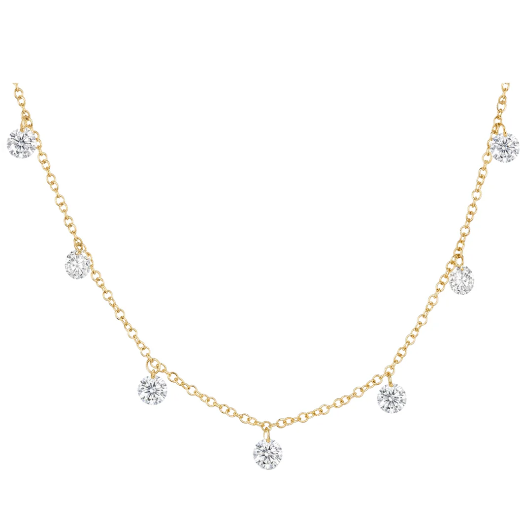 14kt gold nine floating diamond drip necklace