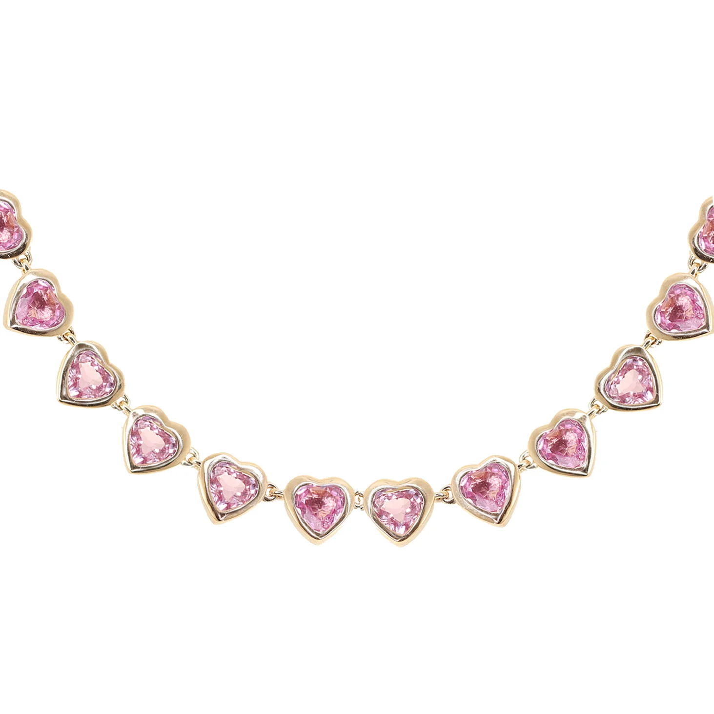 14kt gold pink sapphire heart bezel half tennis necklace