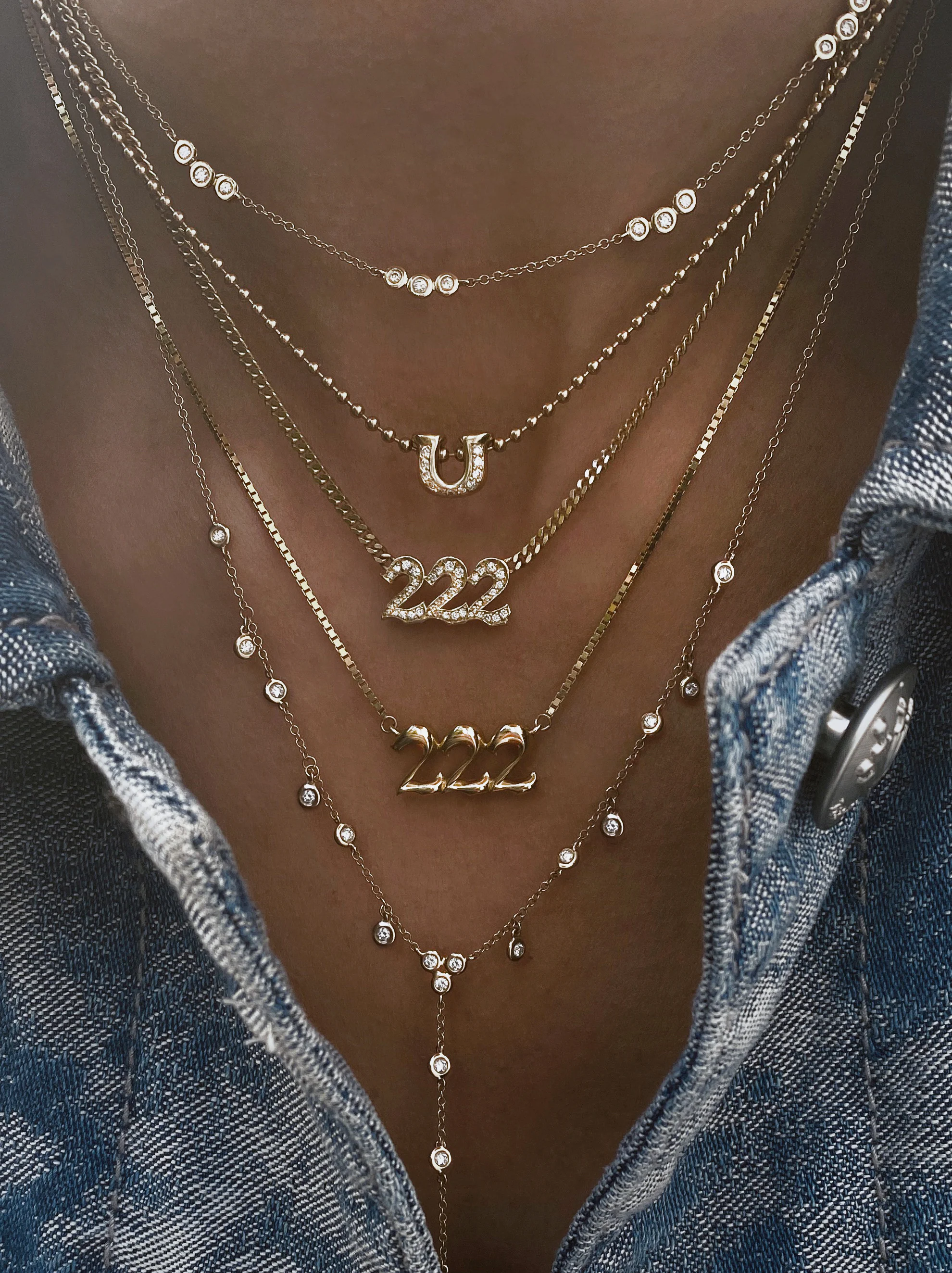 14kt gold large puffed 222 necklace - Image 3