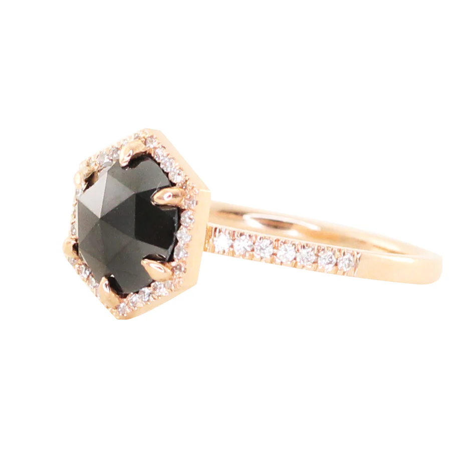 14kt gold rose cut black diamond single band hex ring - Image 2