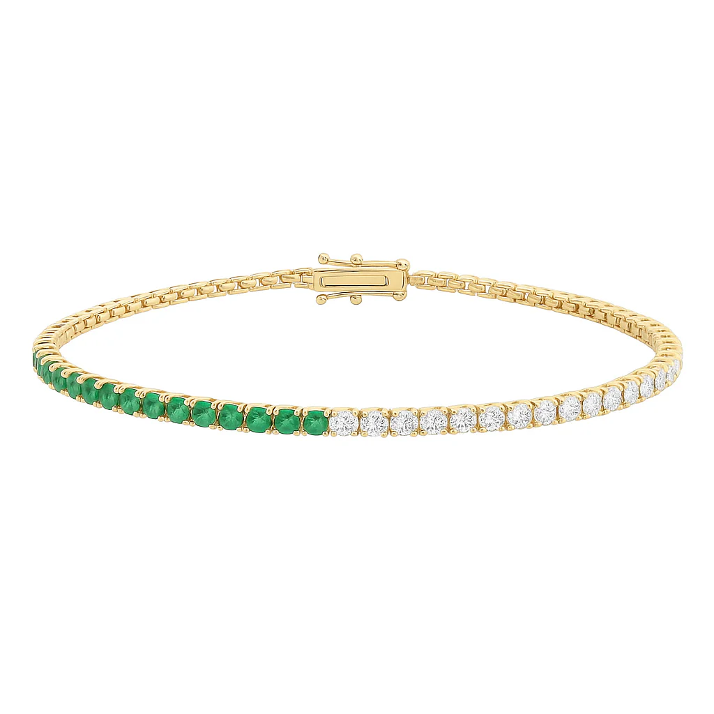 14kt gold split whisper diamond and emerald tennis bracelet