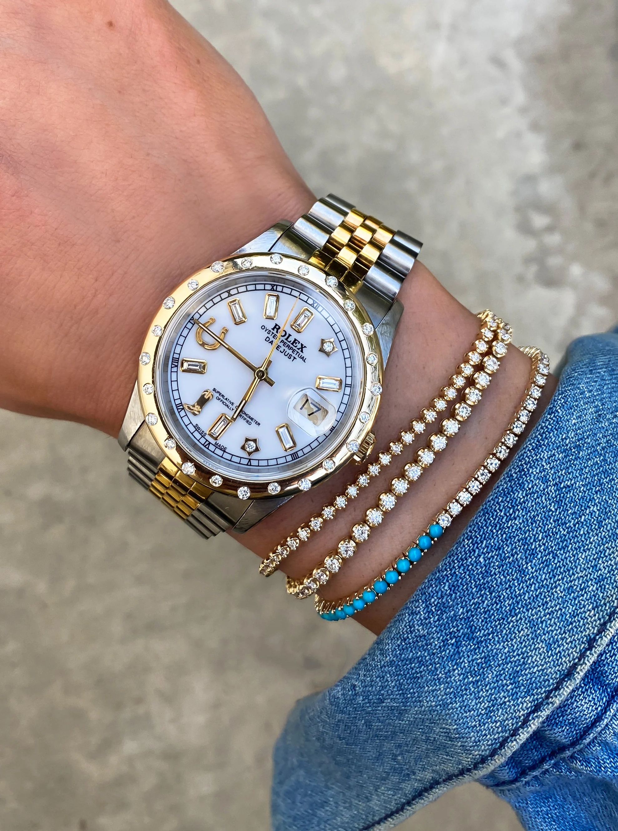 14kt gold split whisper diamond and turquoise tennis bracelet - Image 2