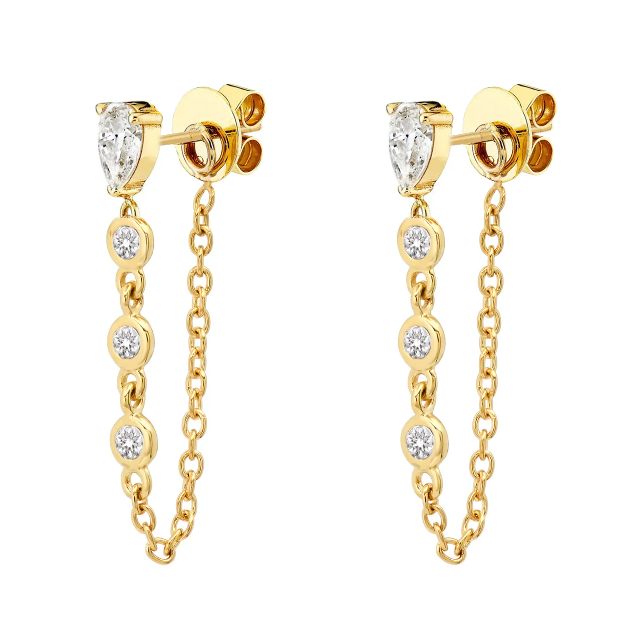 14kt gold teardrop diamond bezel drip chain hoop