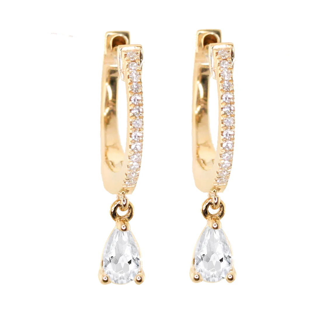 14kt gold teardrop white topaz and diamond drip hoop earring