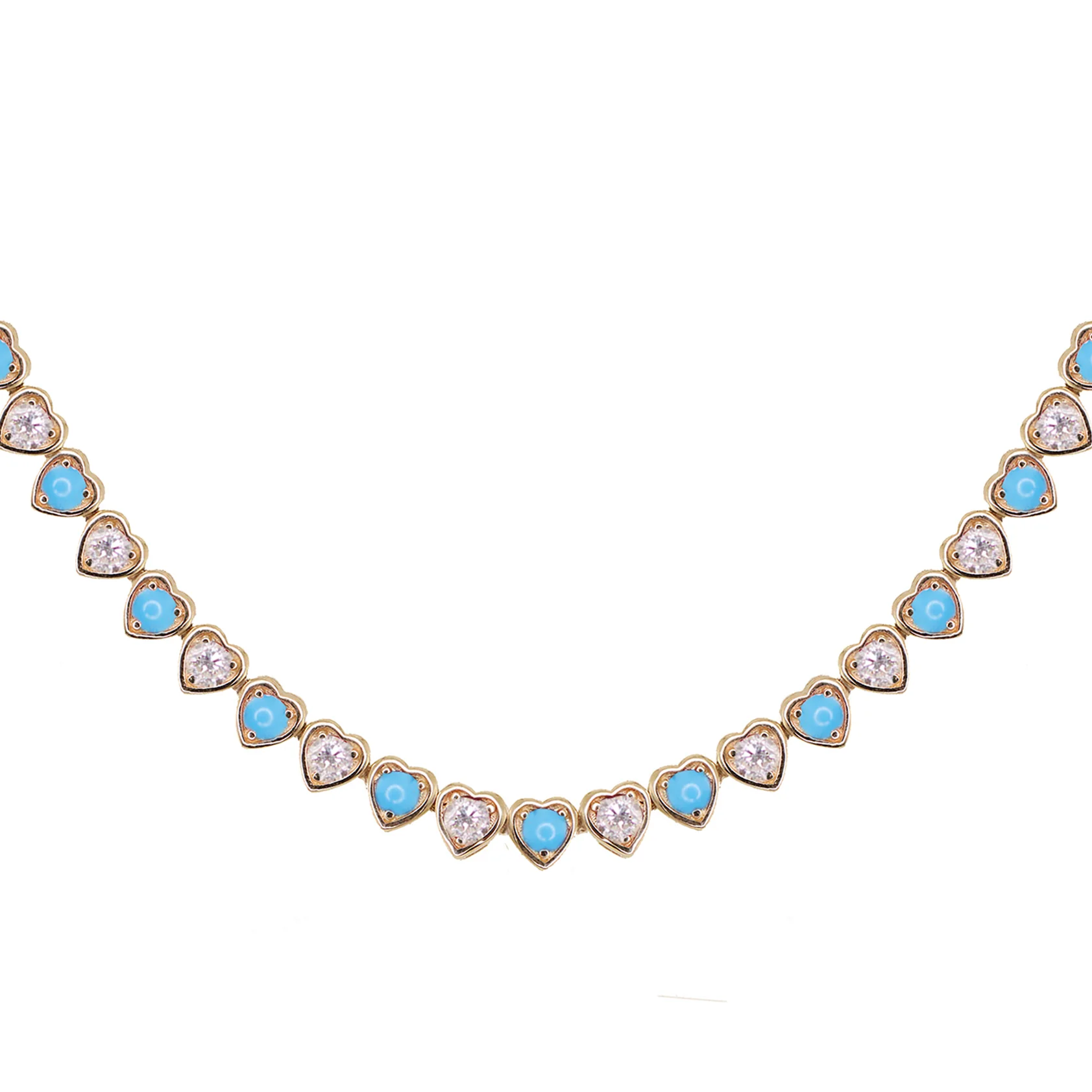 14kt gold turquoise and diamond heart bezel tennis necklace