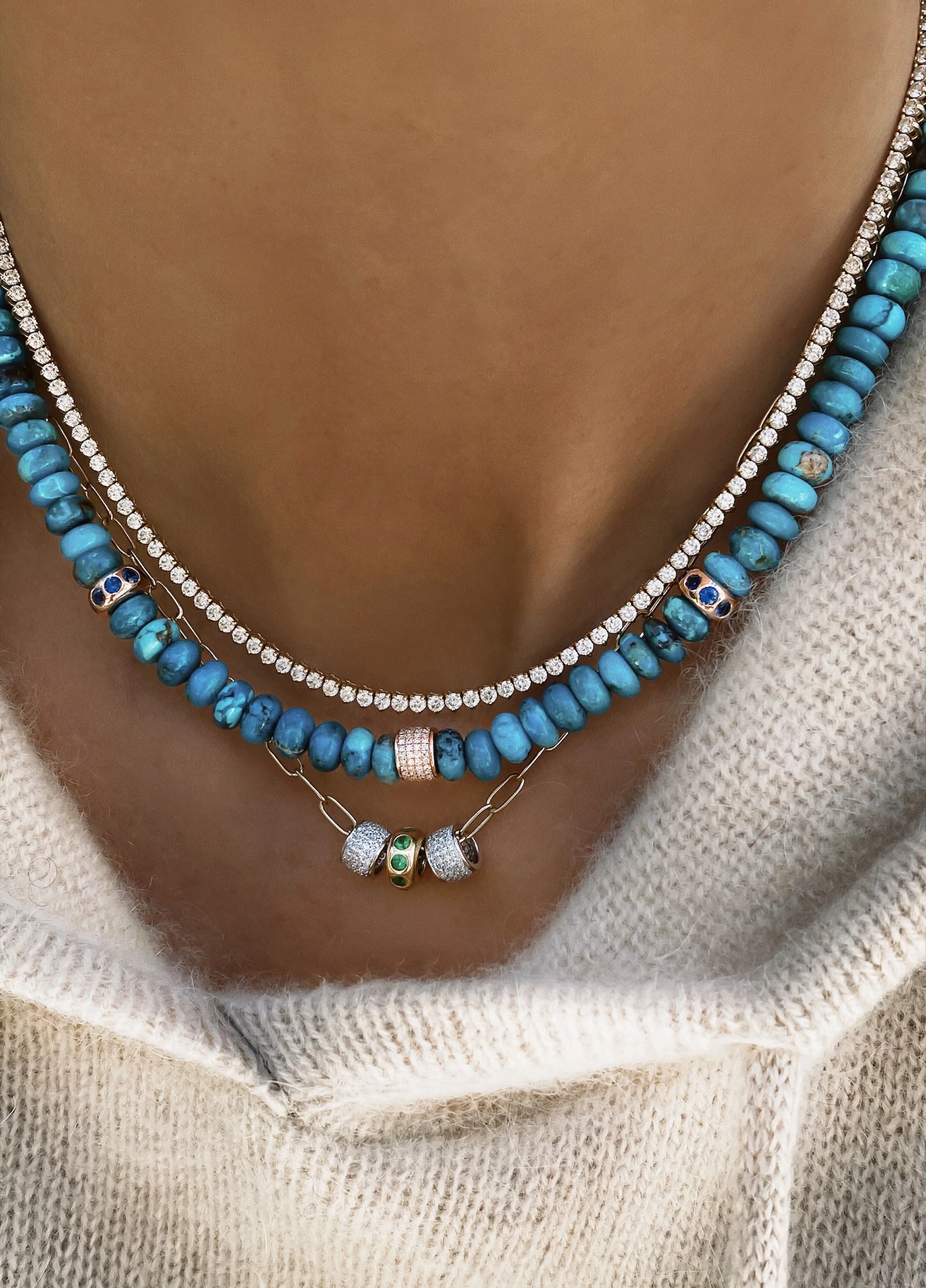 14kt gold turquoise grande diamond bead necklace - Image 2