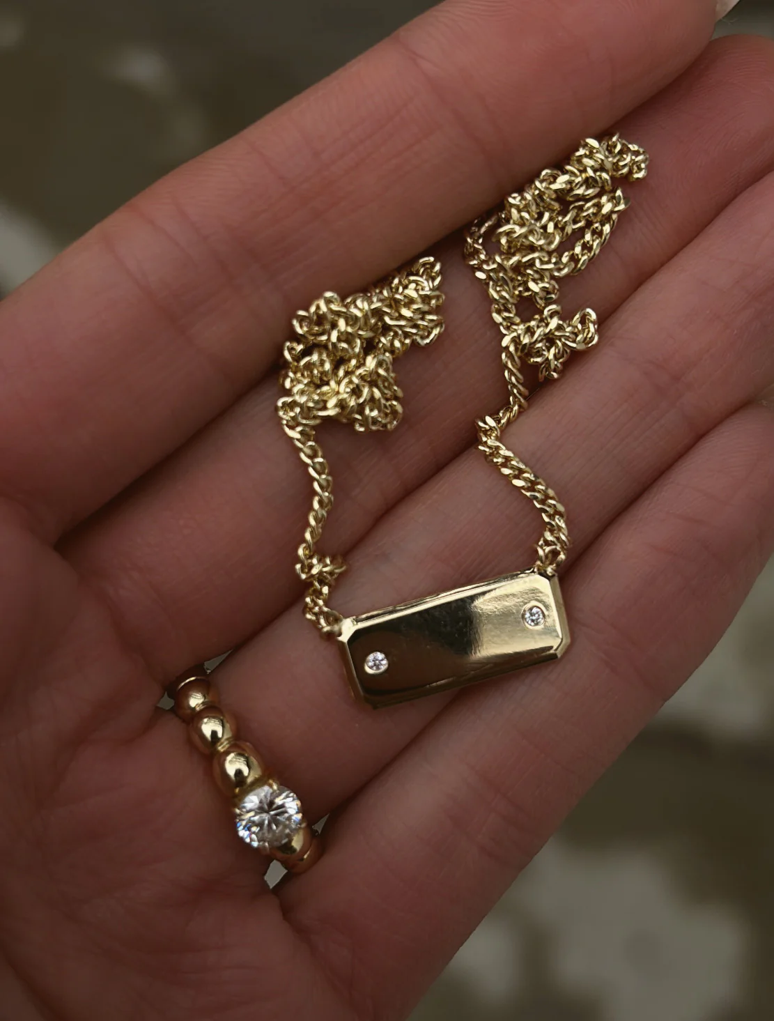14kt gold two diamond ID plate necklace - Image 2