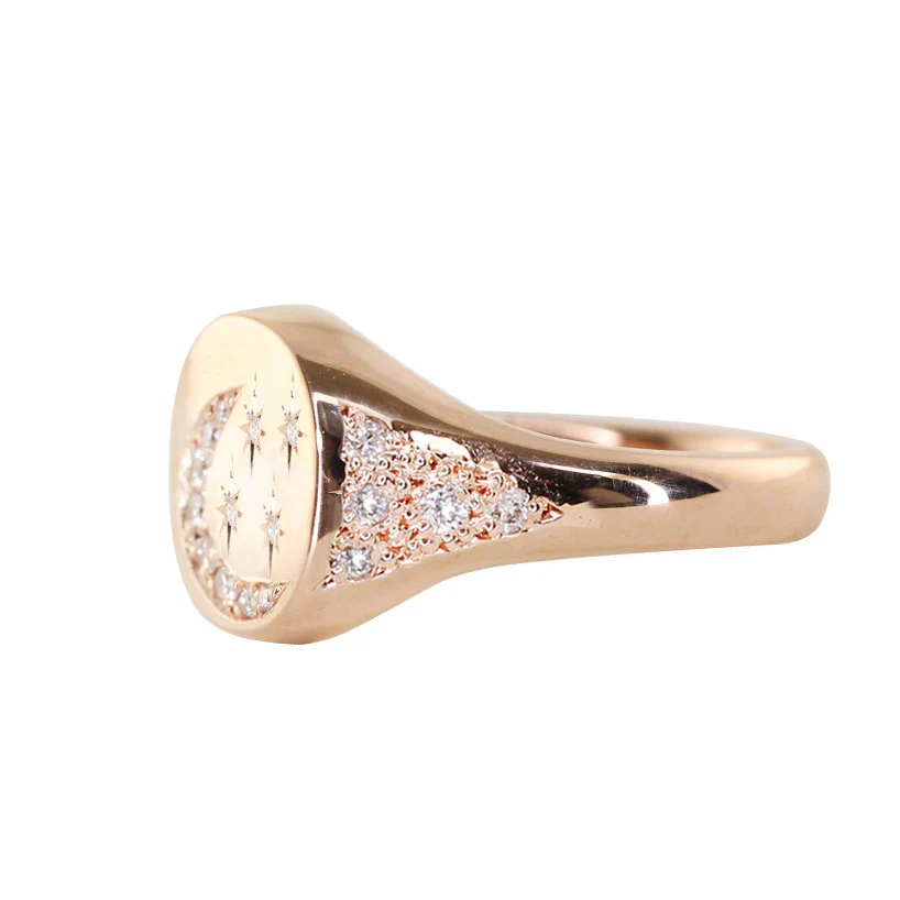 14kt gold white diamond star and moon signet ring - Image 3