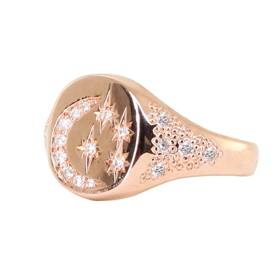 14kt gold white diamond star and moon signet ring - Image 4