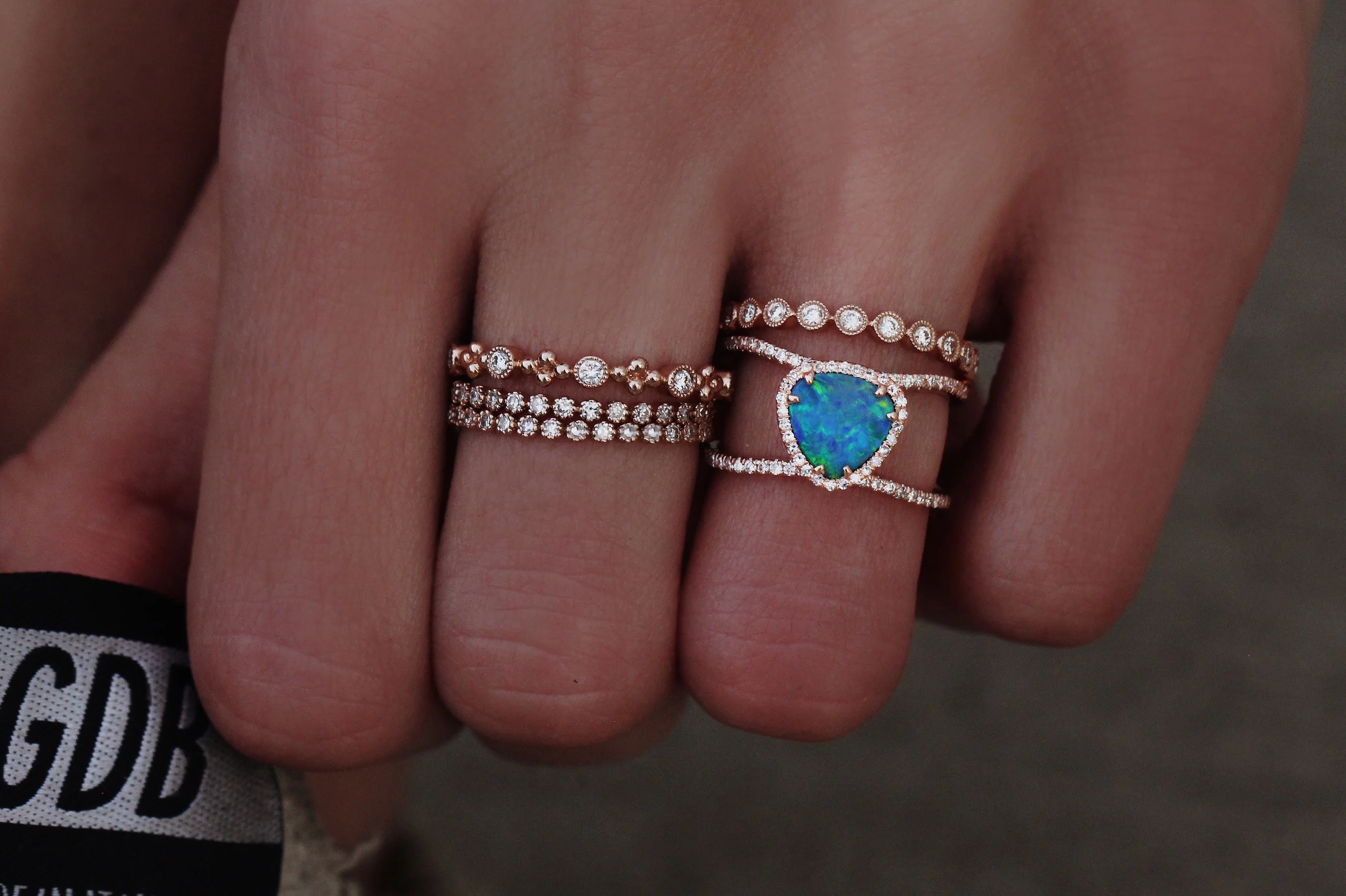 14kt gold and diamond Petite Triangle Double Band Opal ring - Image 3
