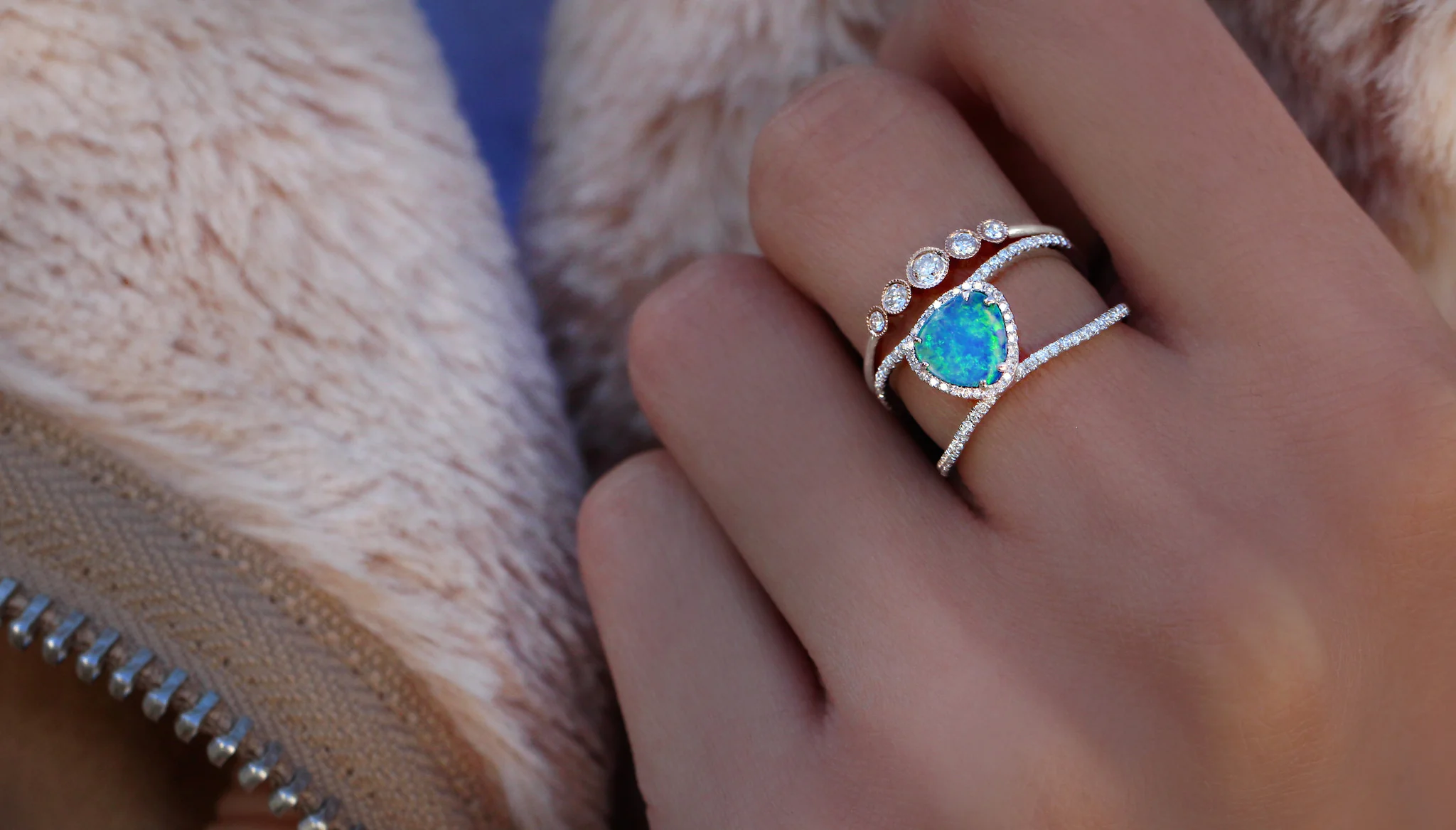 14kt gold and diamond Petite Triangle Double Band Opal ring - Image 4