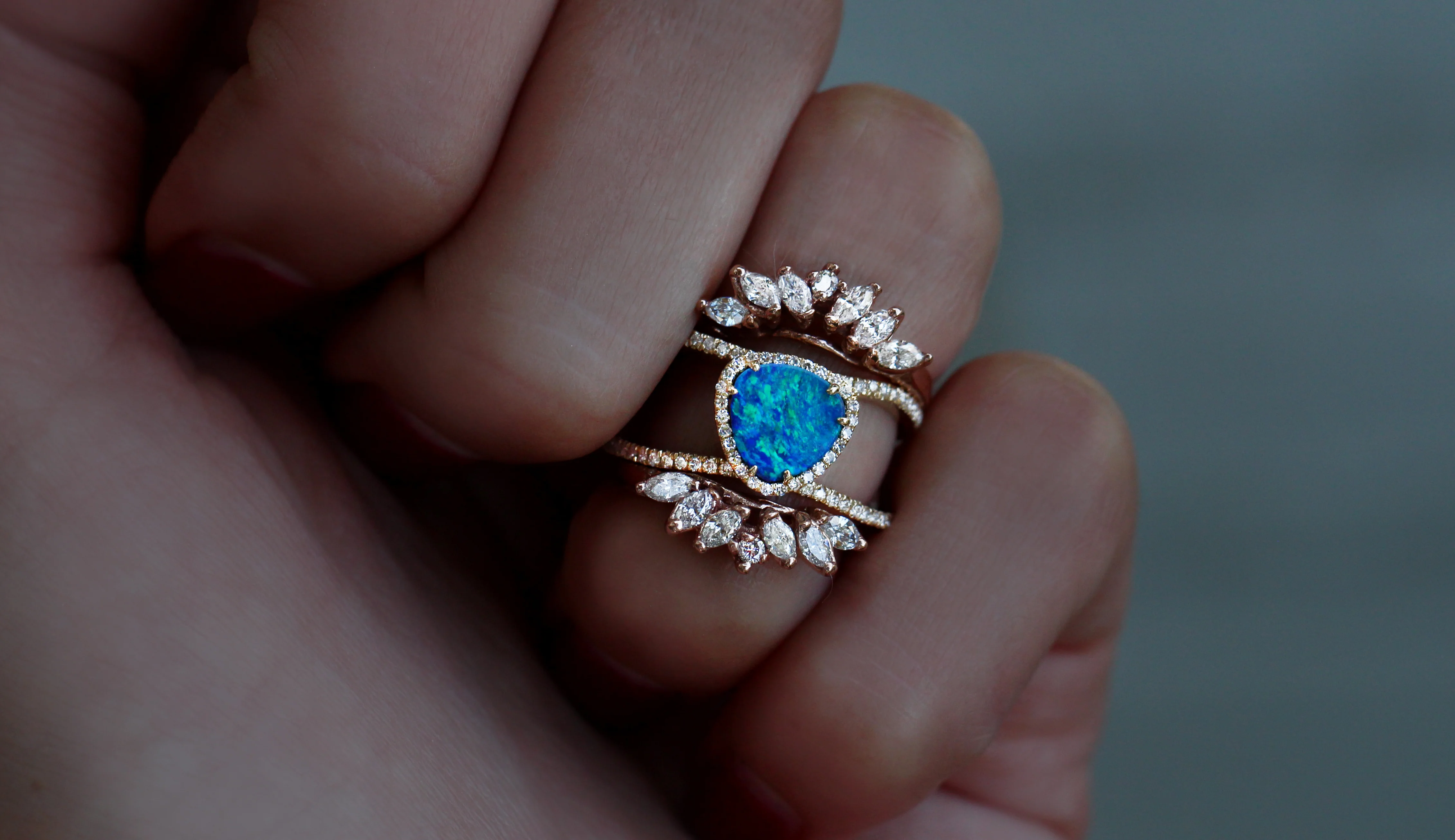 14kt gold and diamond Petite Triangle Double Band Opal ring - Image 5