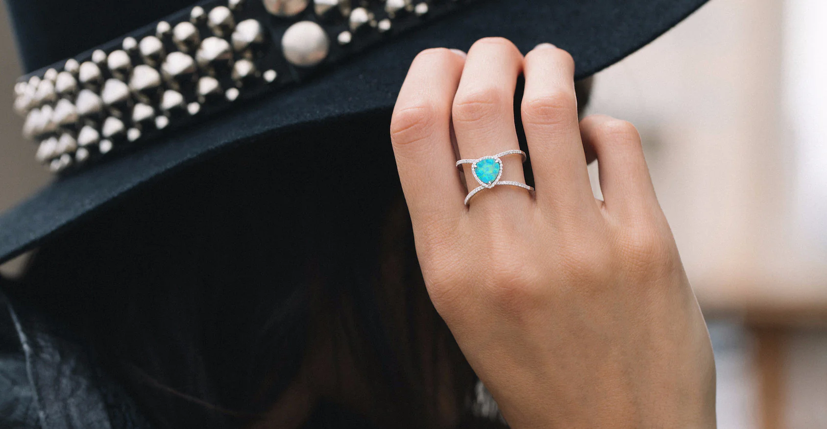14kt gold and diamond Petite Triangle Double Band Opal ring - Image 6