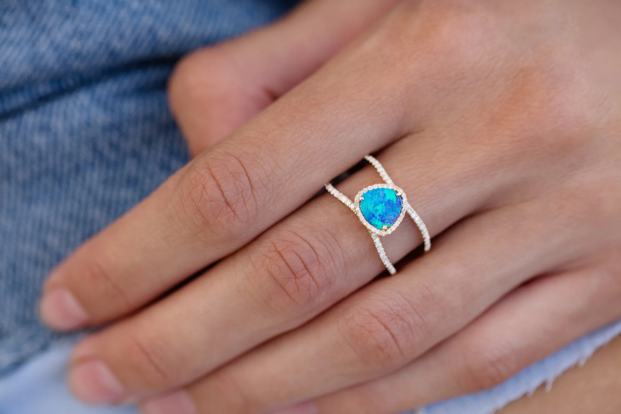 14kt gold and diamond Petite Triangle Double Band Opal ring - Image 7
