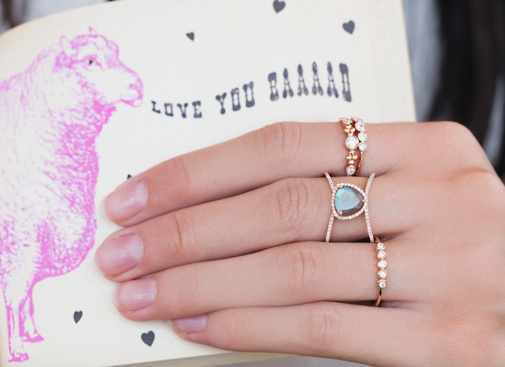 14kt gold and diamond Petite Triangle Double Band Labradorite ring - Image 3