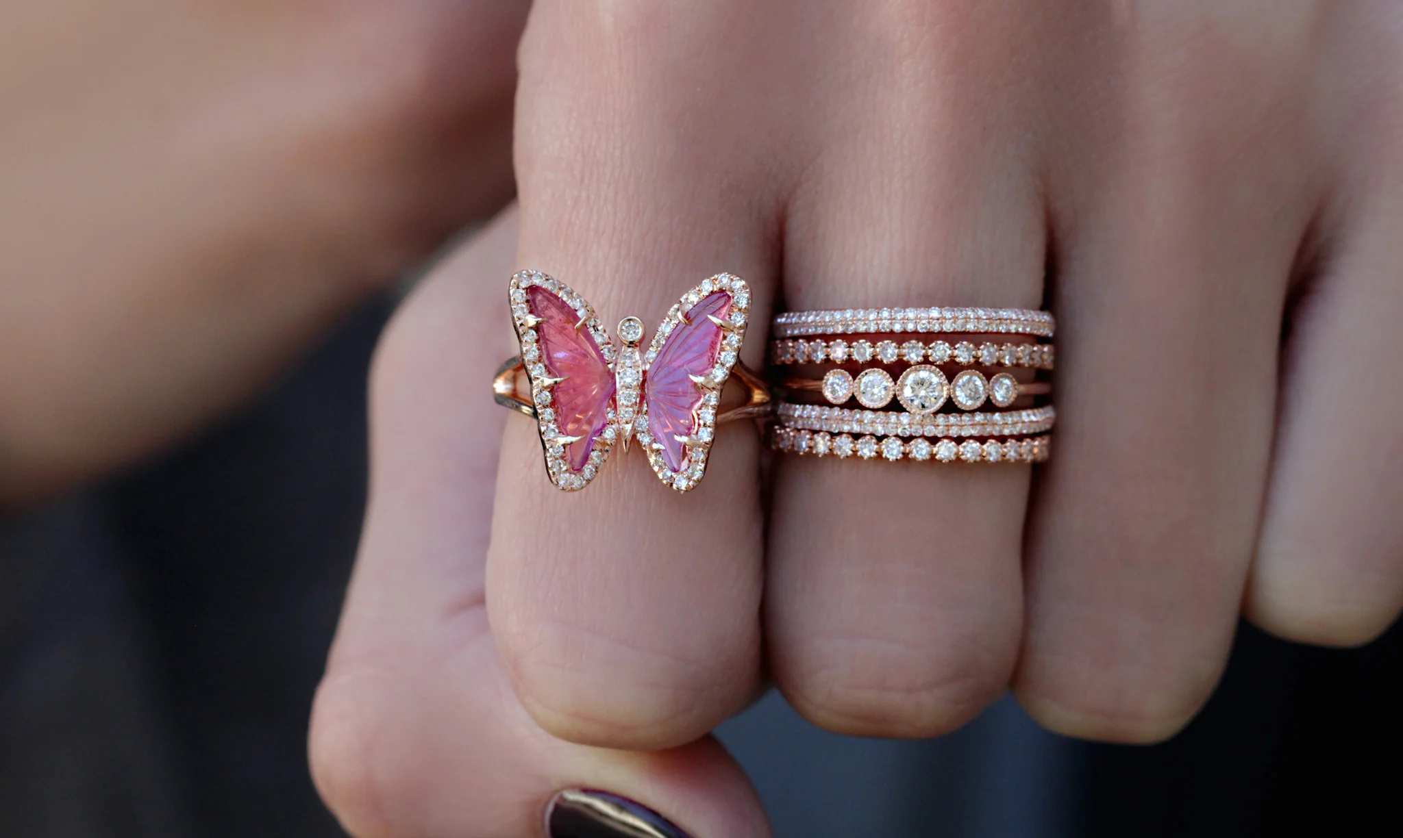 14kt gold and diamond pink tourmaline butterfly ring - Image 3