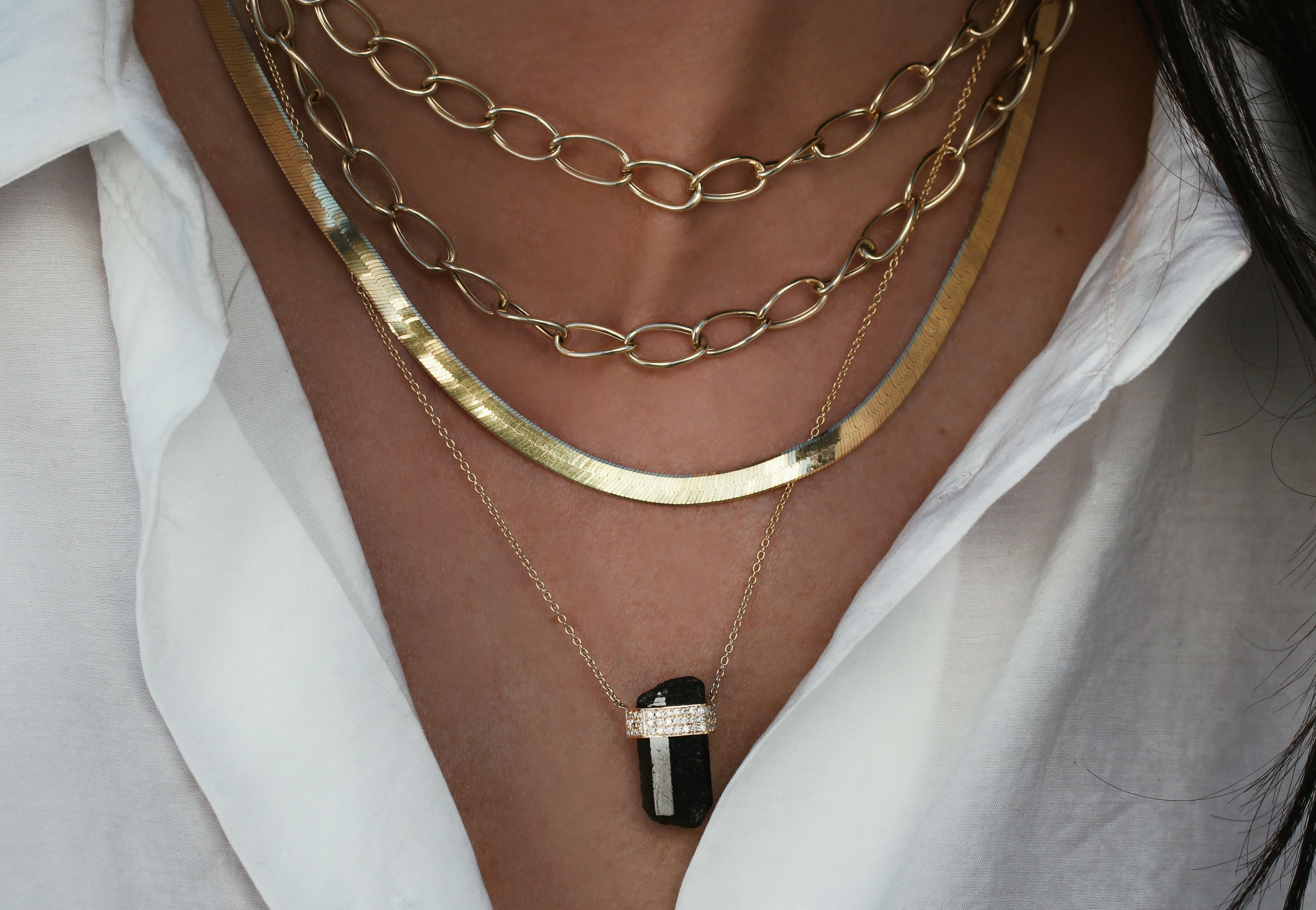 14kt gold and three diamond row black tourmaline crystal bar necklace - Image 3